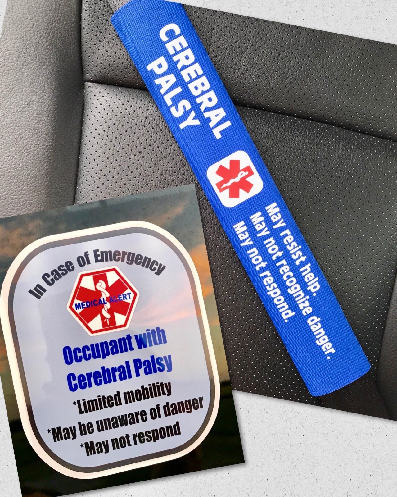 Cerebral Palsy Seat Belt Cover and Window Decal Set Royal Blue Safety Set
