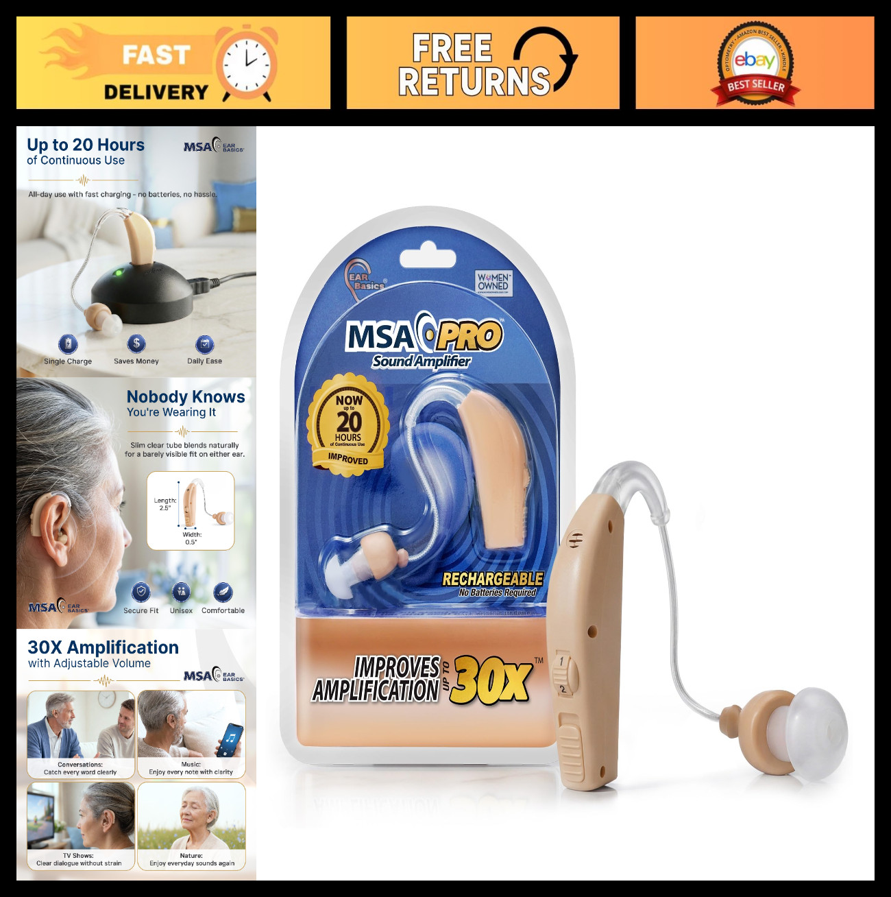 Sound Amplifier – 30X Boost, 20H Battery Life, Lightweight & Adjustable Volume,