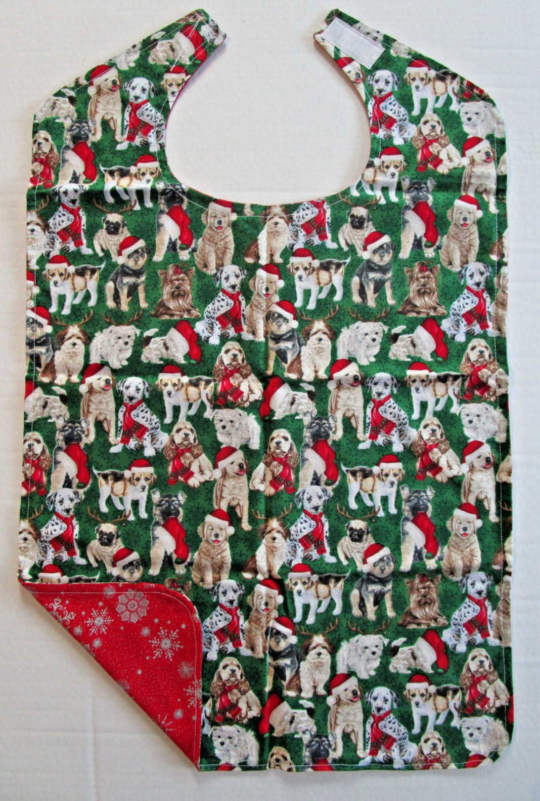 🐶 SANTA DOGS Adult Sized Bib * Special Needs Seniors * Reversible Snowflakes 🐶