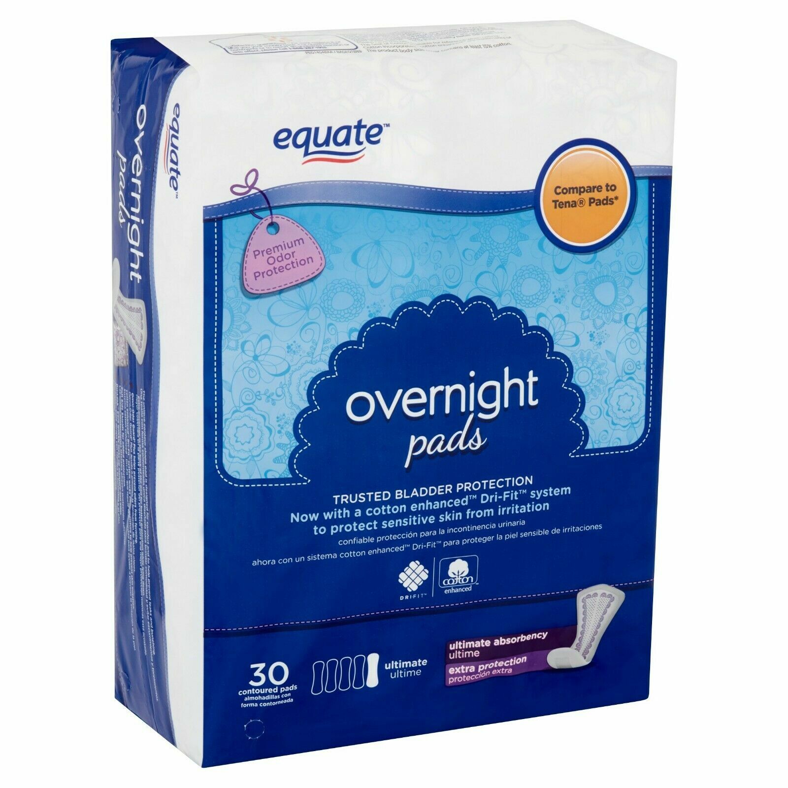 60 Count Equate Overnight Women Incontinence Pads Ultimate Absorbency USPS Ship