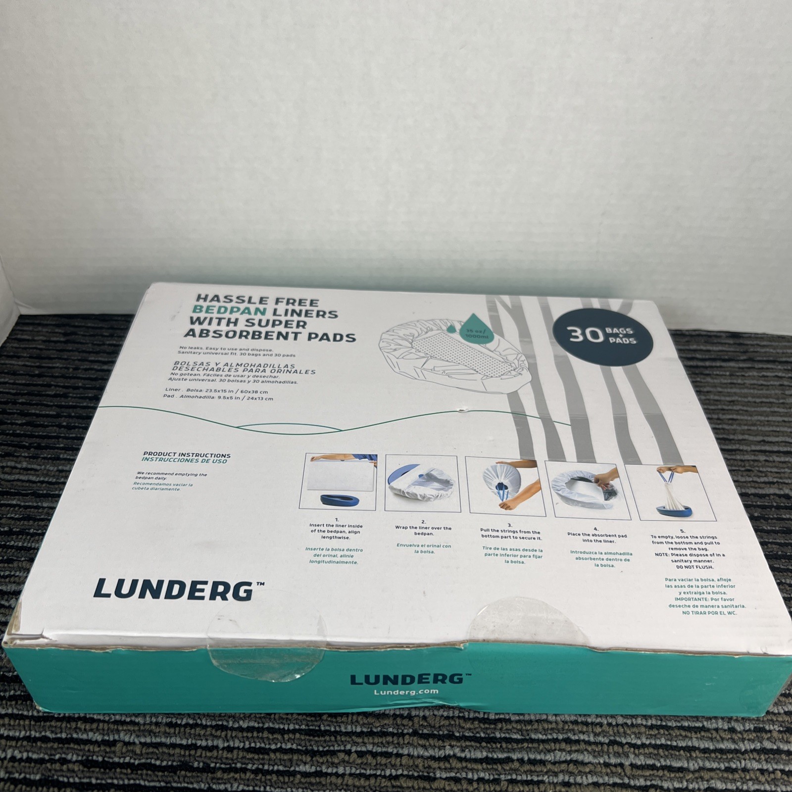 Lunderg 30 Pk of Bedpan Liners with Super Absorbent Pads Universal Fit New