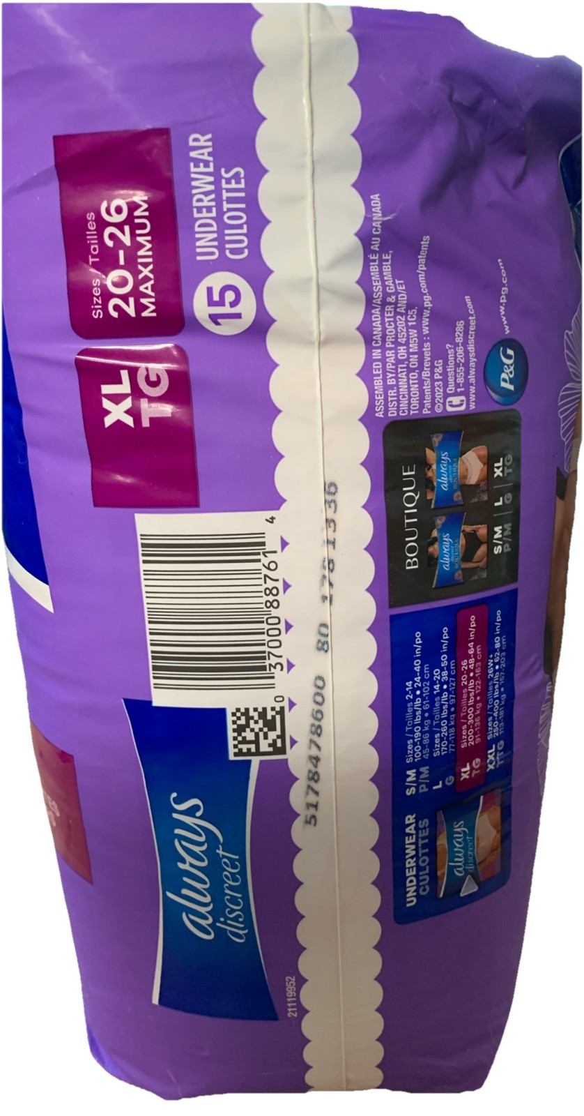 Always Discreet Underwear XL (Size 20-26). 15 Count Zero Leaks Or Odors