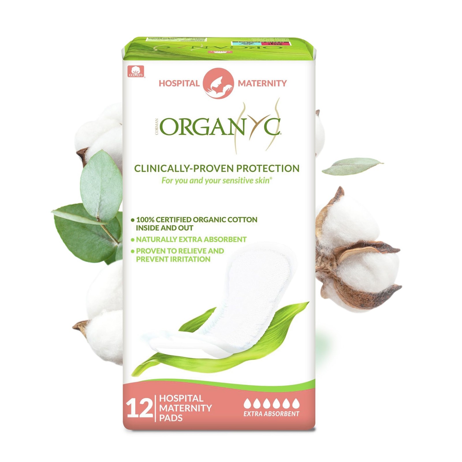 Organyc Hospital Postpartum Pads 100 Organic Cotton Heavy Flow 12 Count