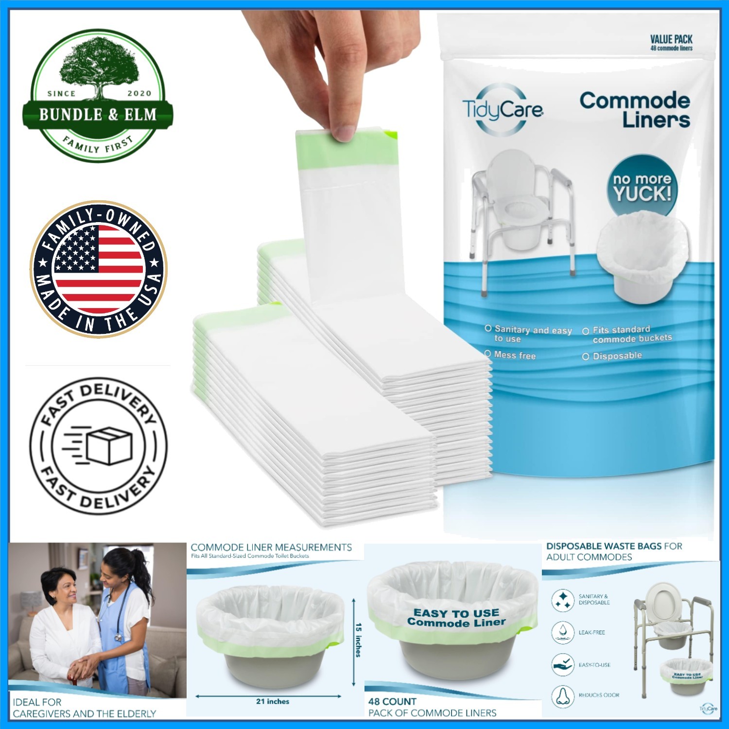 Universal Fit Commode Liners, 48 Disposable Waste Bags for Adult Care