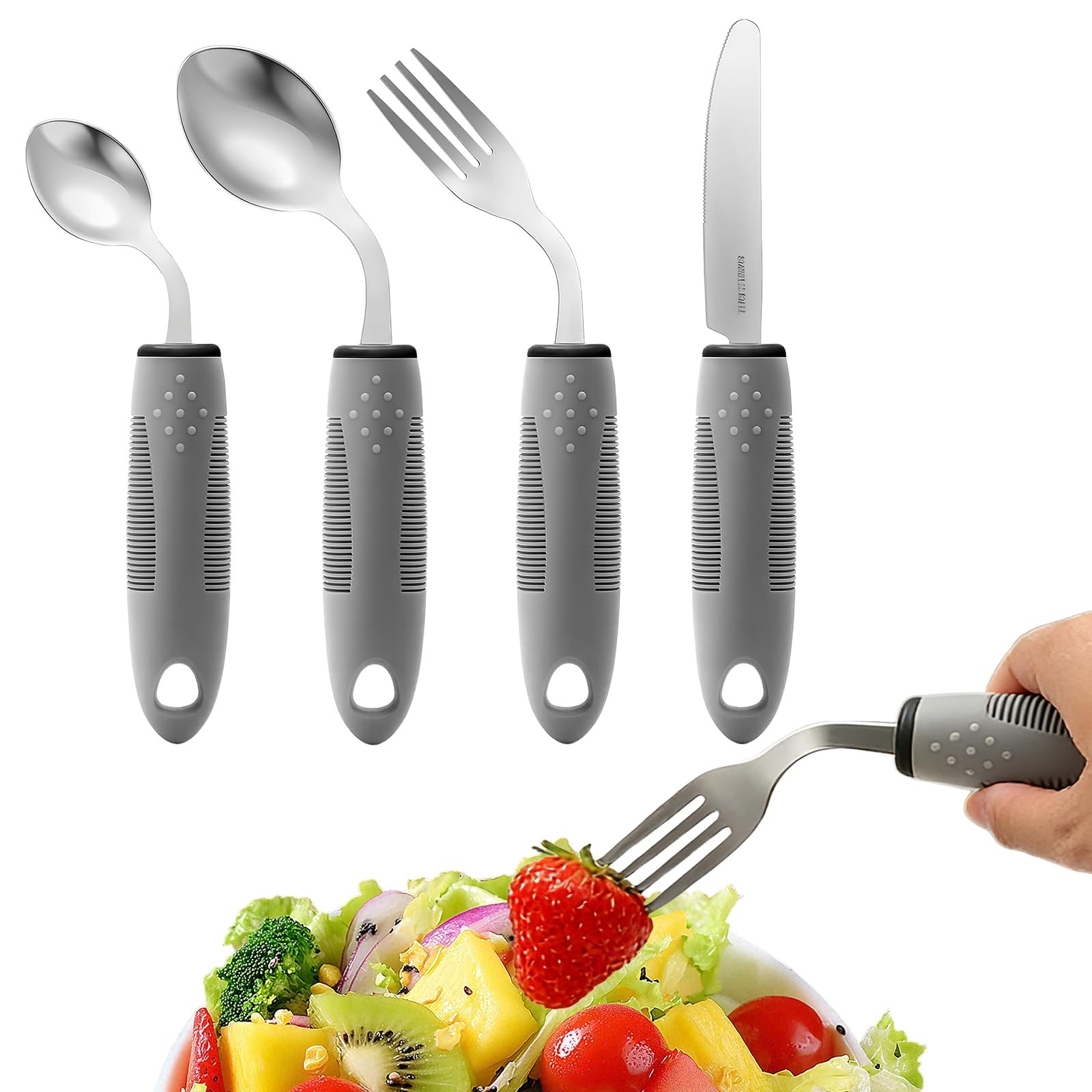 4Pcs Adaptive Utensils Elderly Weighted Non-Slip Handles Left-Handed Grey