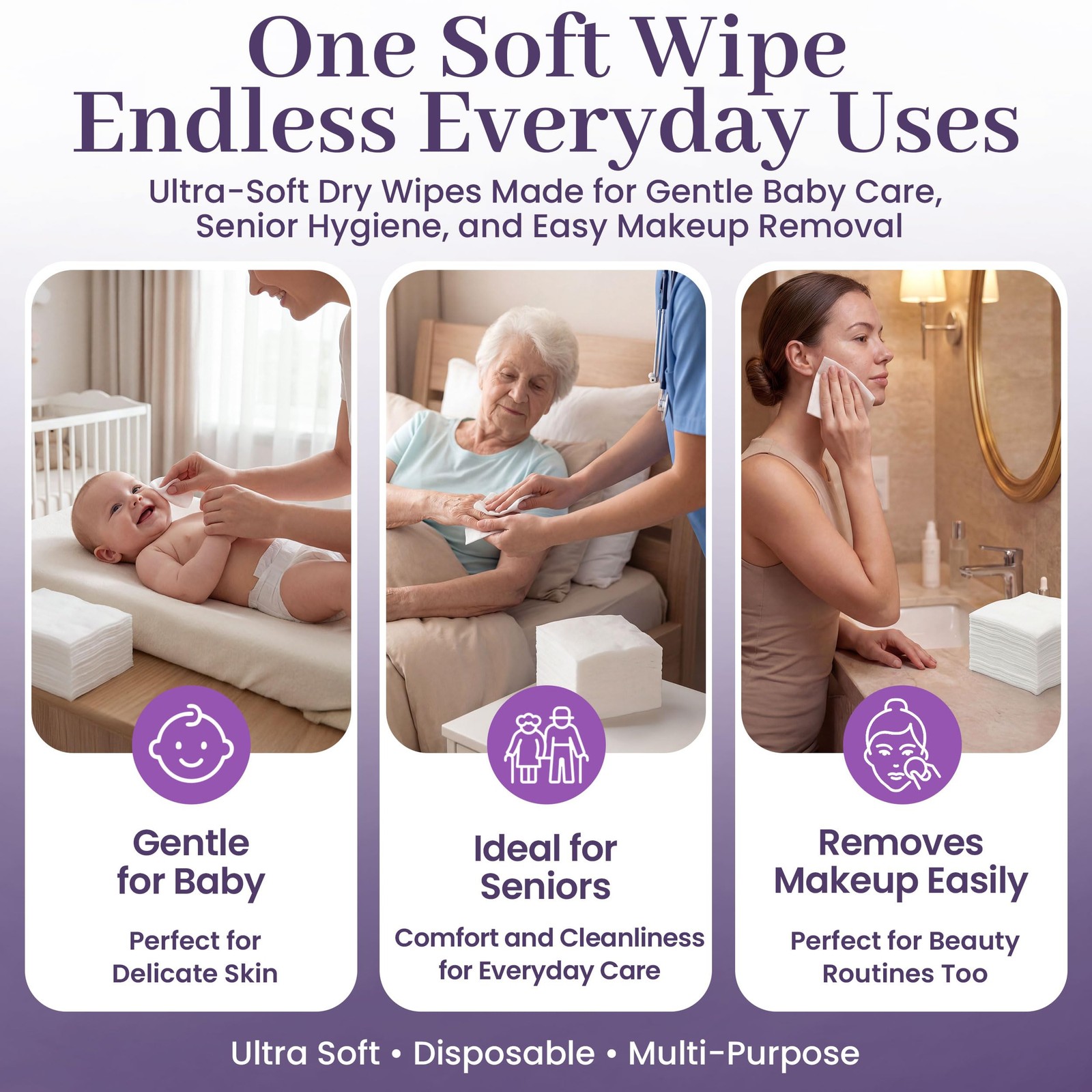 Disposable Dry Wipes, 100 Pack – Ultra Soft Non-Moistened Cleansing Cloths for A