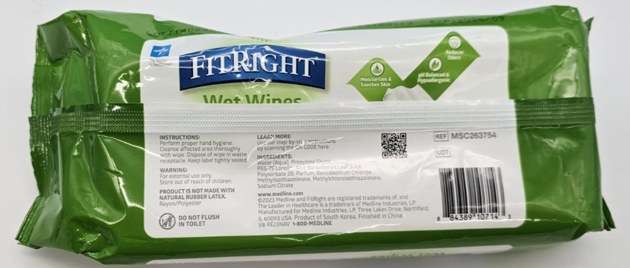 3 Medline FitRight Wet Wipes,68ct Each 204 Count 8″ X 10″ Clean Fresh exp 2024 E