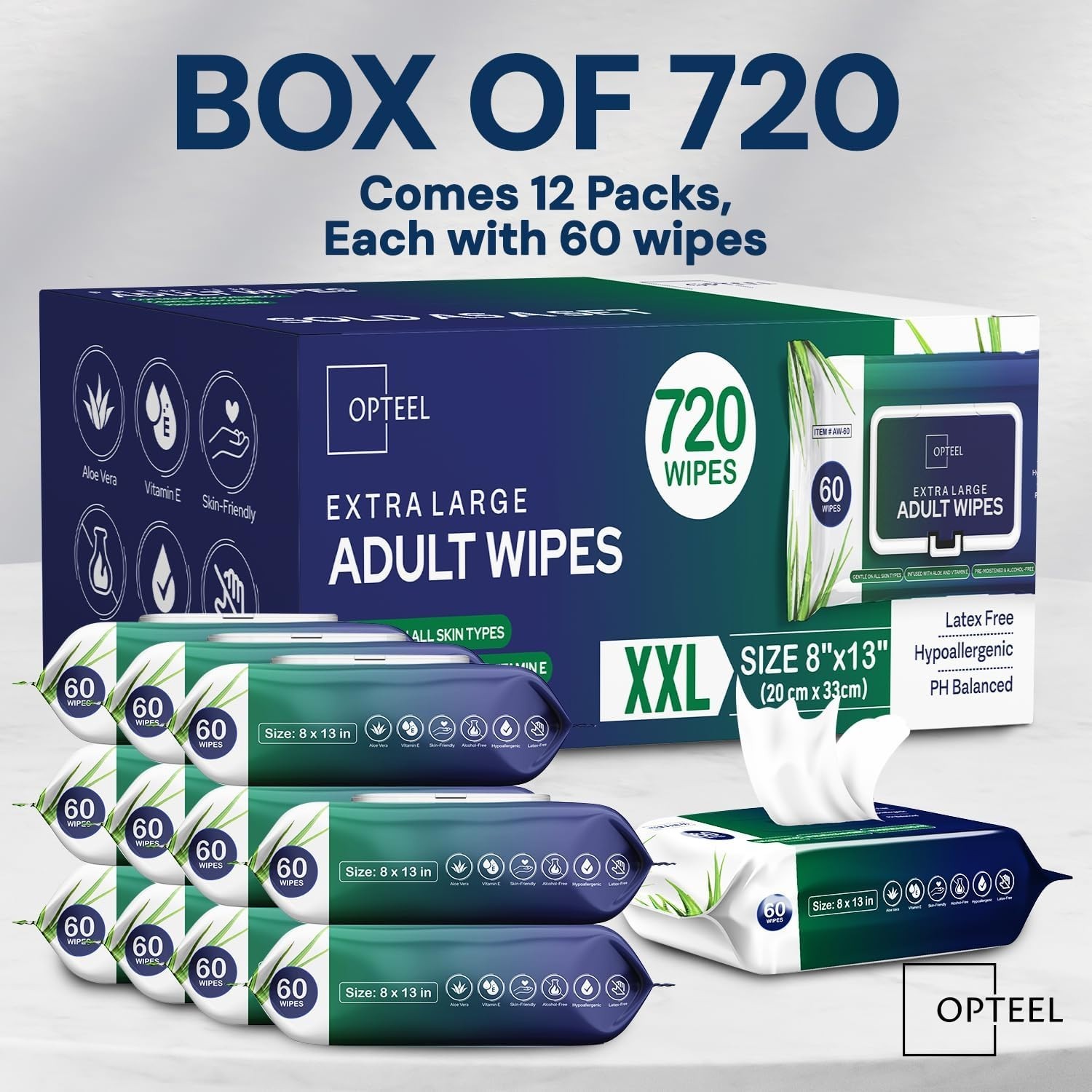 Adult Wipes 720ct Extra Large 8×13 Bathing Incontinence Aloe Vitamin E