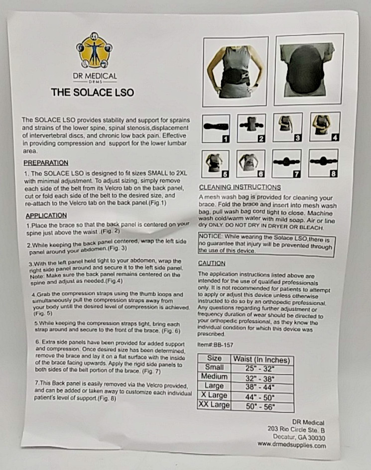 DR Medical Solace LSO BB-157 Lower Back Brace Lumbar Support Universal Size New