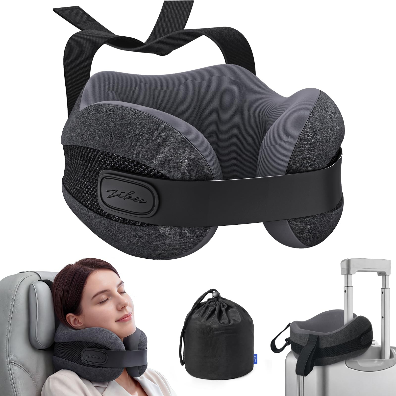 ZIKEE Dual-Layer Memory Foam Neck Pillow for Airplane, Travel Black
