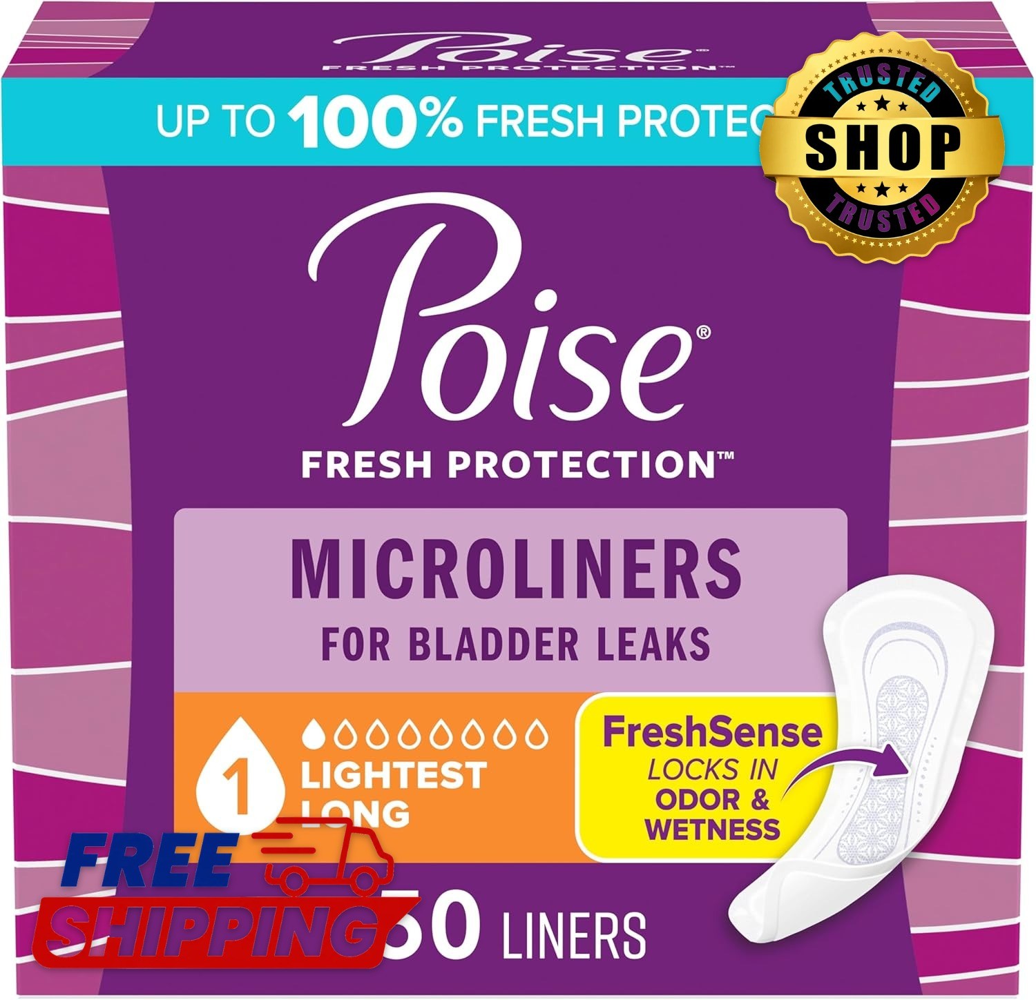 Light Bladder Leak Panty Liners, Long Length, 50 Count
