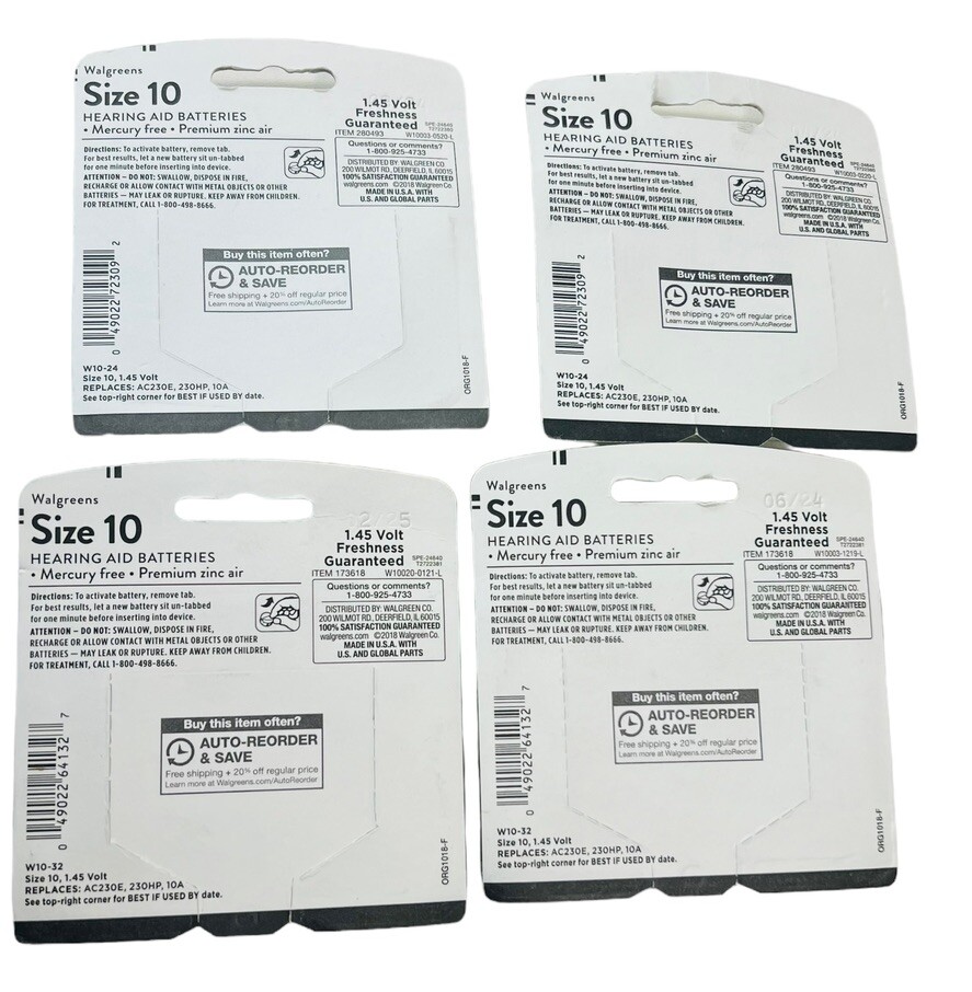 4 Packs Size 10 Walgreens Hearing Aid Batteries 32/24 Pack Exp 2/25 – 06/24
