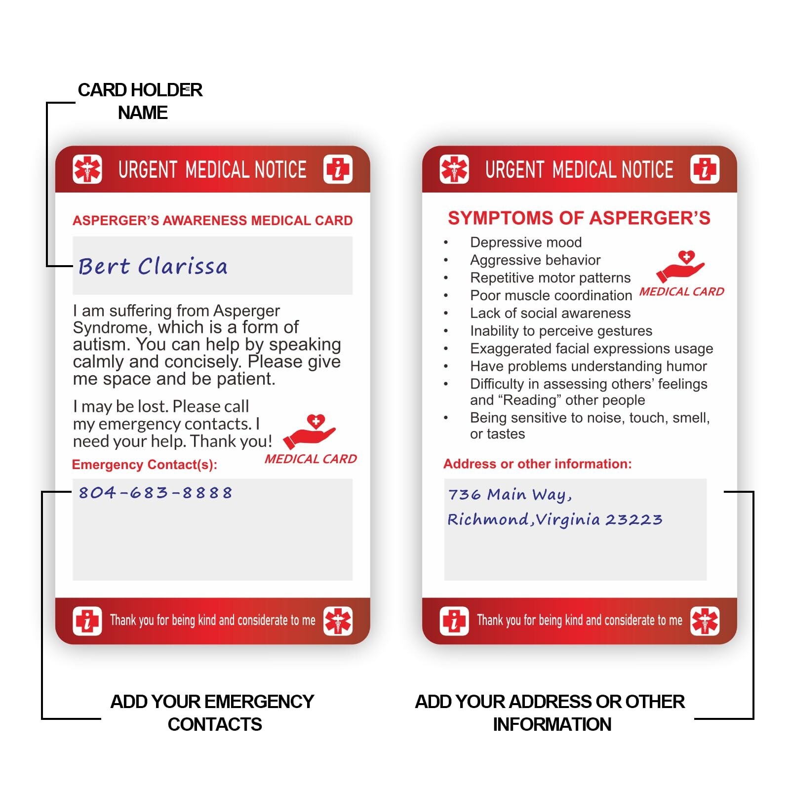 Epilepsy Medical Alert Card with Writable Panel & Patterned Lanyard 2PCS