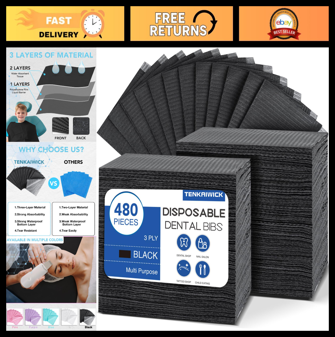 480 Pack Disposable Dental Bibs 13″x18″ – 3-Ply Waterproof for Tattoo, Nail & De