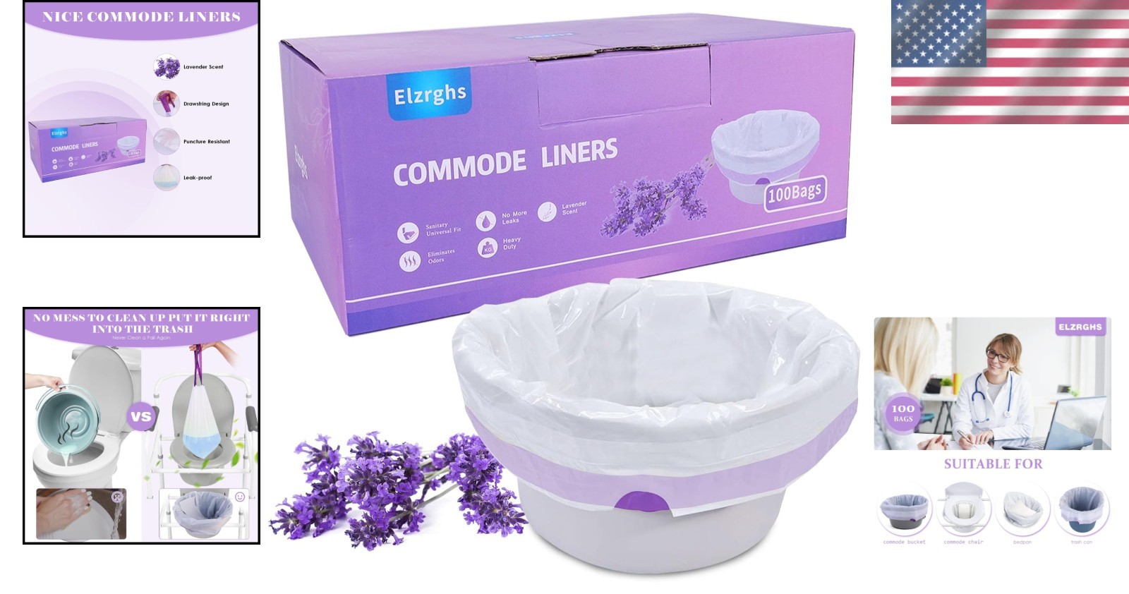 Convenient Drawstring Disposable Commode Liners – 100 Count Lavender Scented