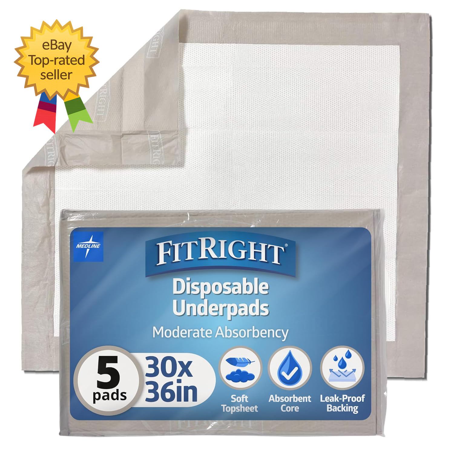 Fitright Extended Use Disposable Underpad 5X More Absorbent 30X36 Inches 5 Count