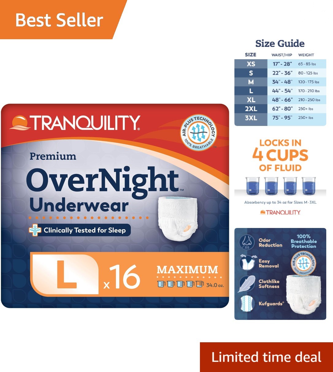 Overnight Adult Diapers – 16 Count, Large, Maximum Absorbency & Comfort