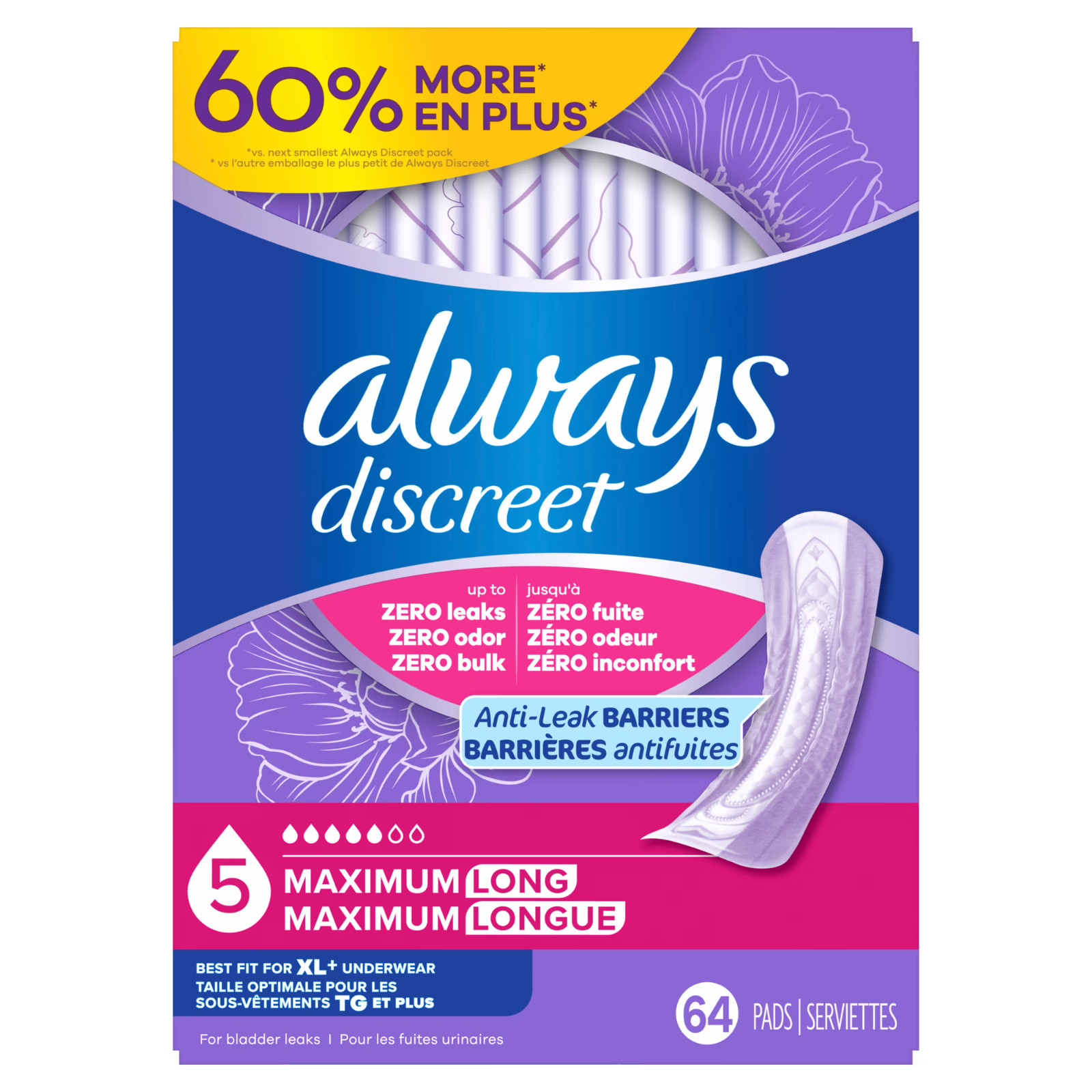 Always Discreet Adult Incontinence Pads Heavy Absorbency & Long Length, 64 Count
