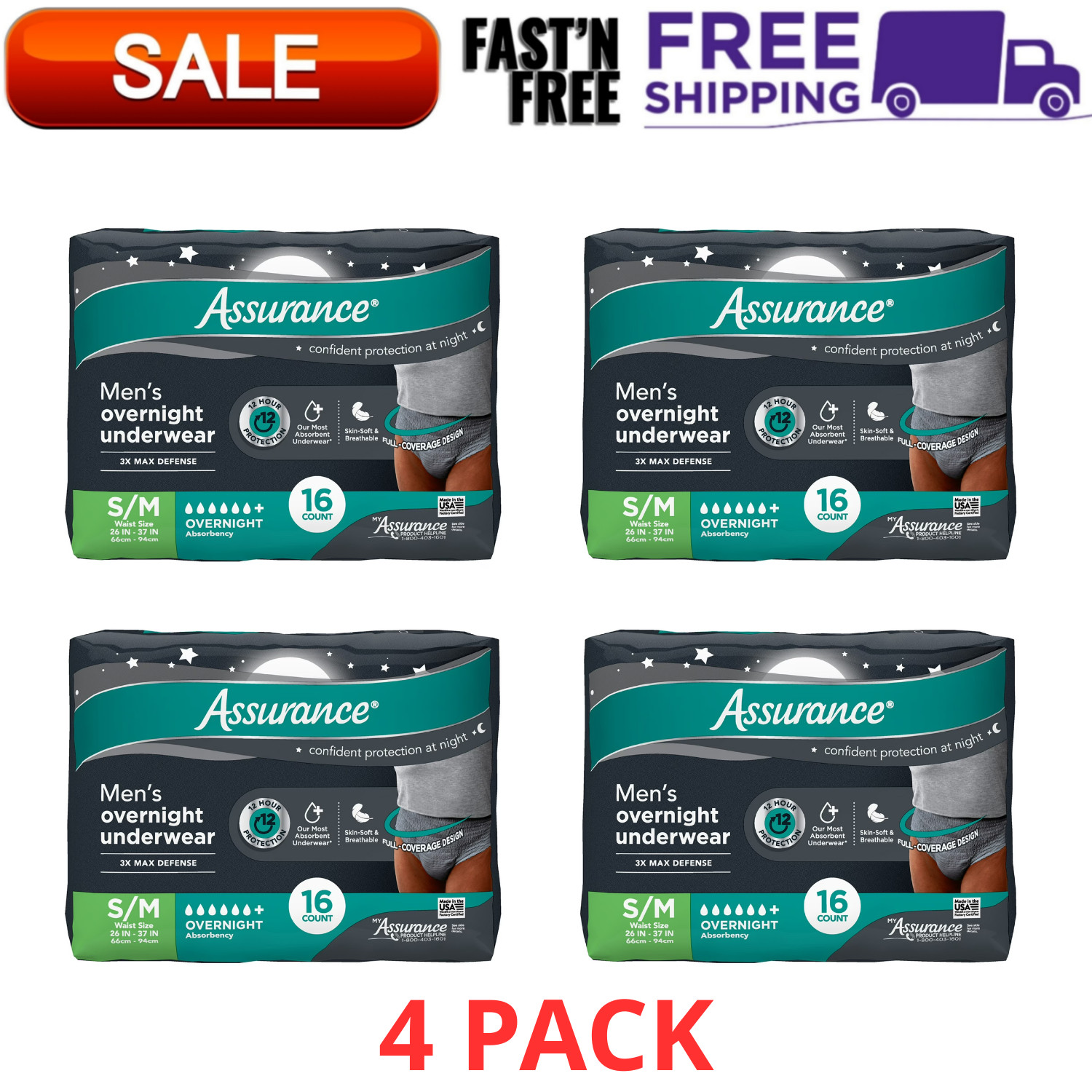 4Pk Assurance Mens Overnight Incontinence Underwear S/M Ultimate Absorbency 16Ct