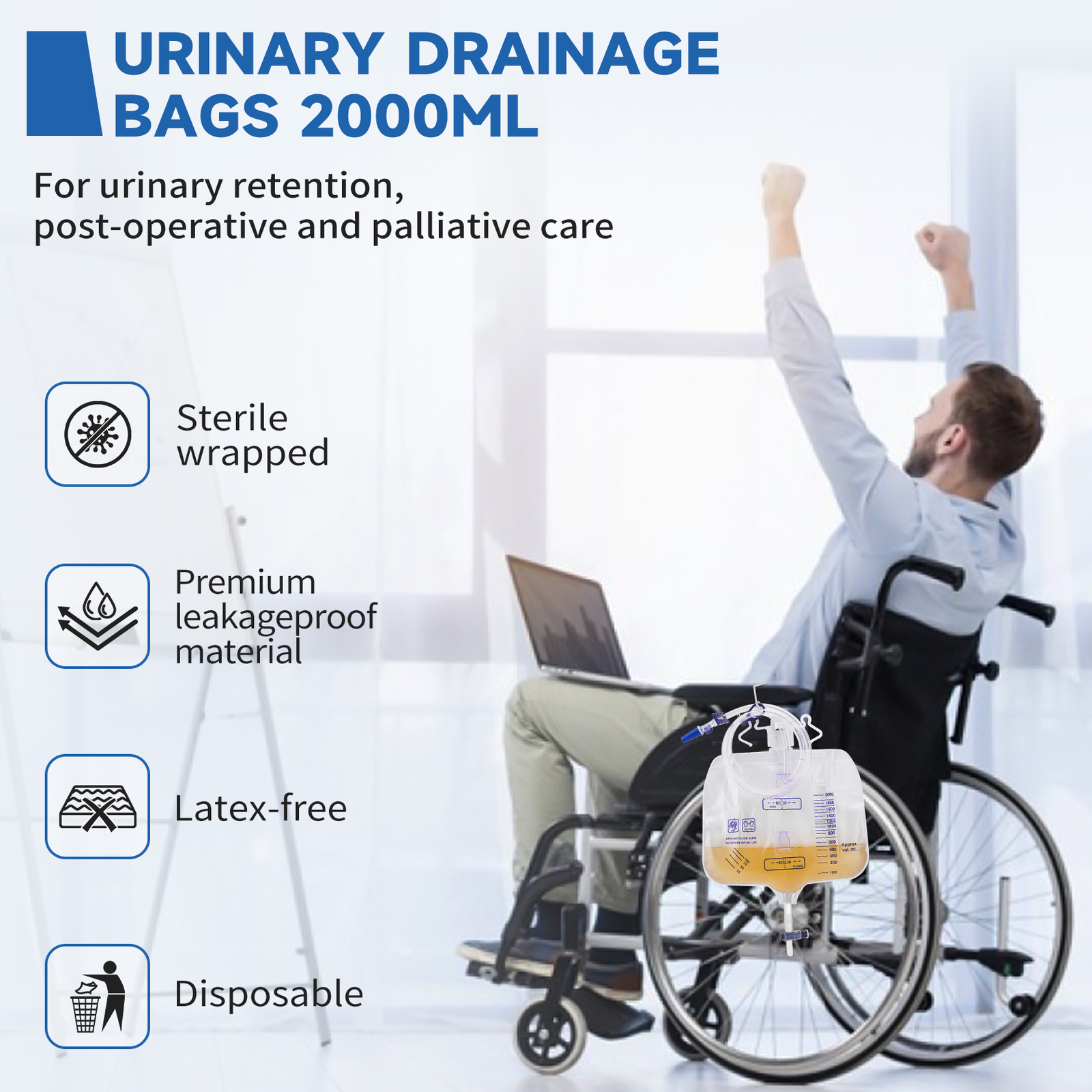 10Pcs Large Urinary Drainage Bag with Anti-Reflux Chamber 2000ml Capacity USA
