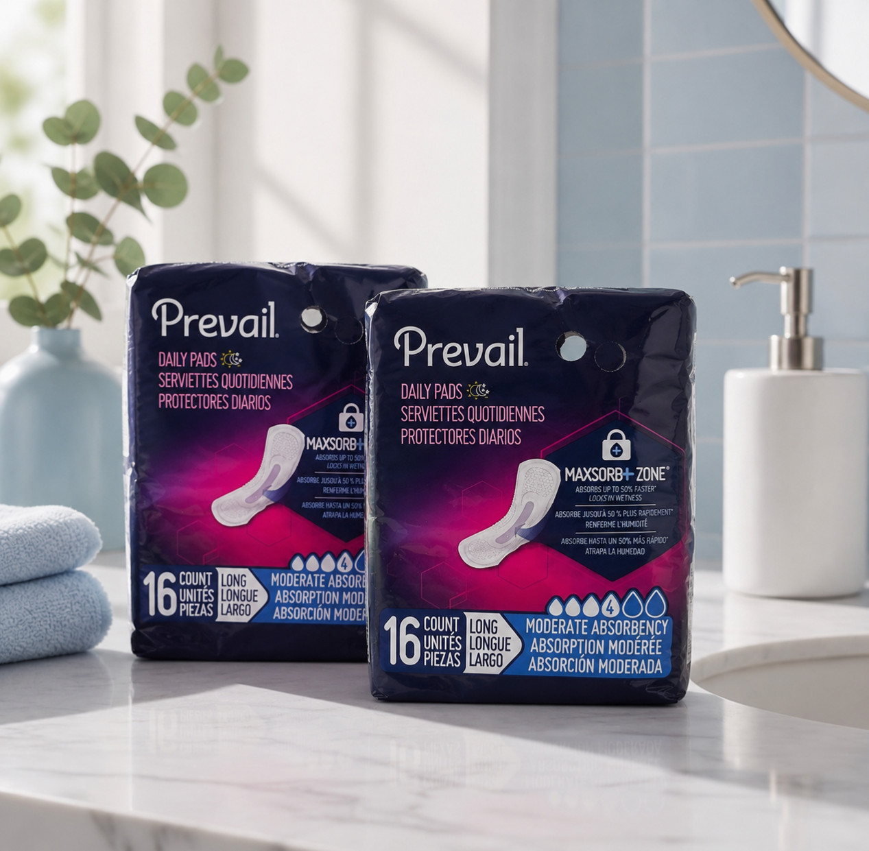 Prevail Daily Pads Long – 3 Packs (48 Pads Total) | Moderate Absorbency | $20