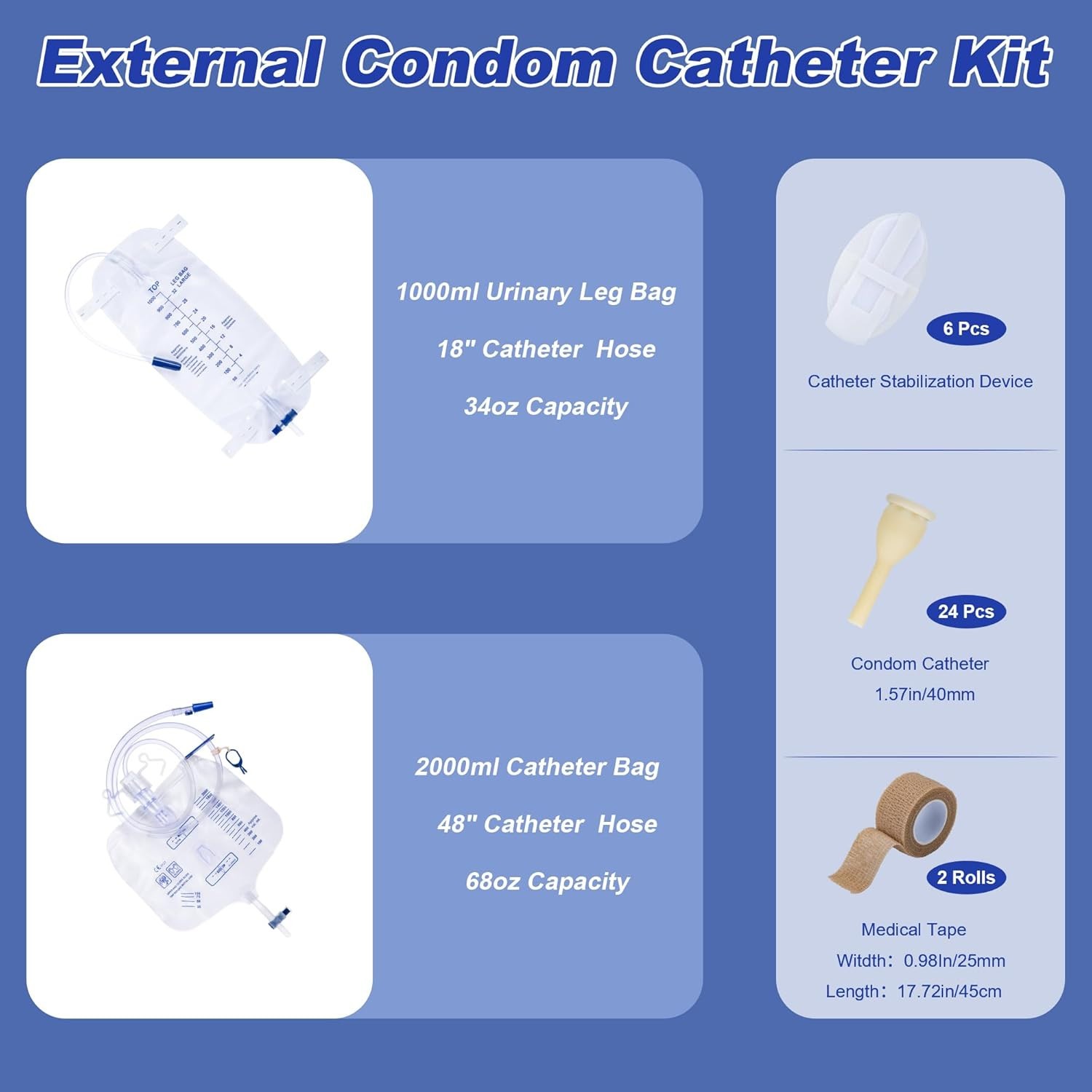 External Condom Catheter for Men Kit, 24 Soft Latex, 6 Catheter 40mm