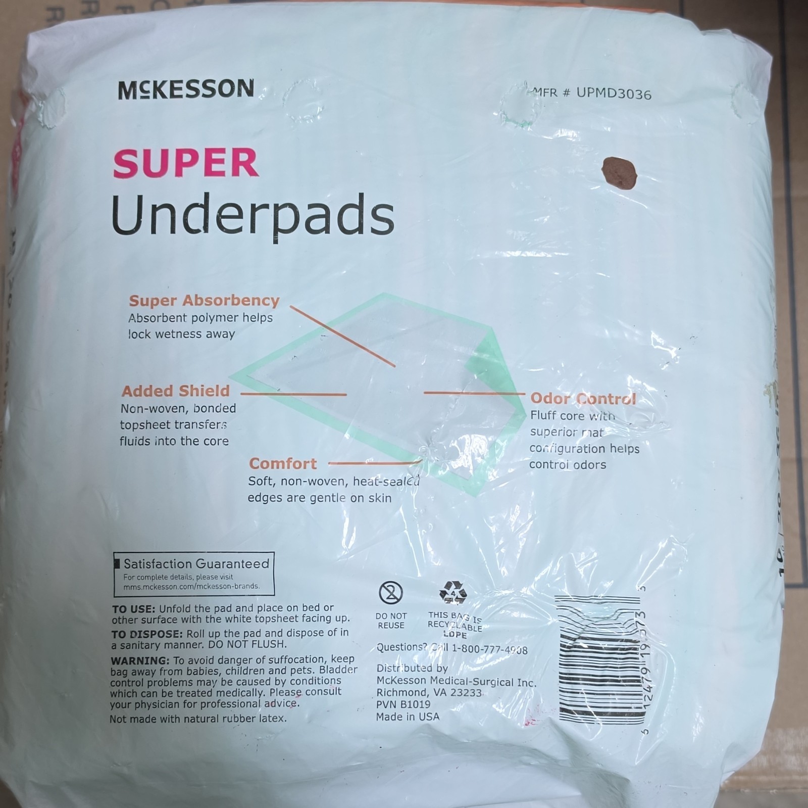 McKesson Super Underpads, Moderate Absorbency, 30 x 36 in, White, 10/Bag