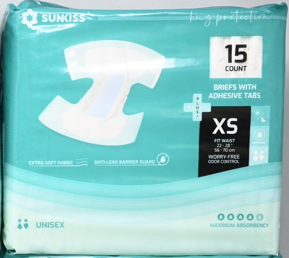 Sunkiss XS Briefs Adult Diaper Men Women Incontinence Max Absorbency White 15 Ct