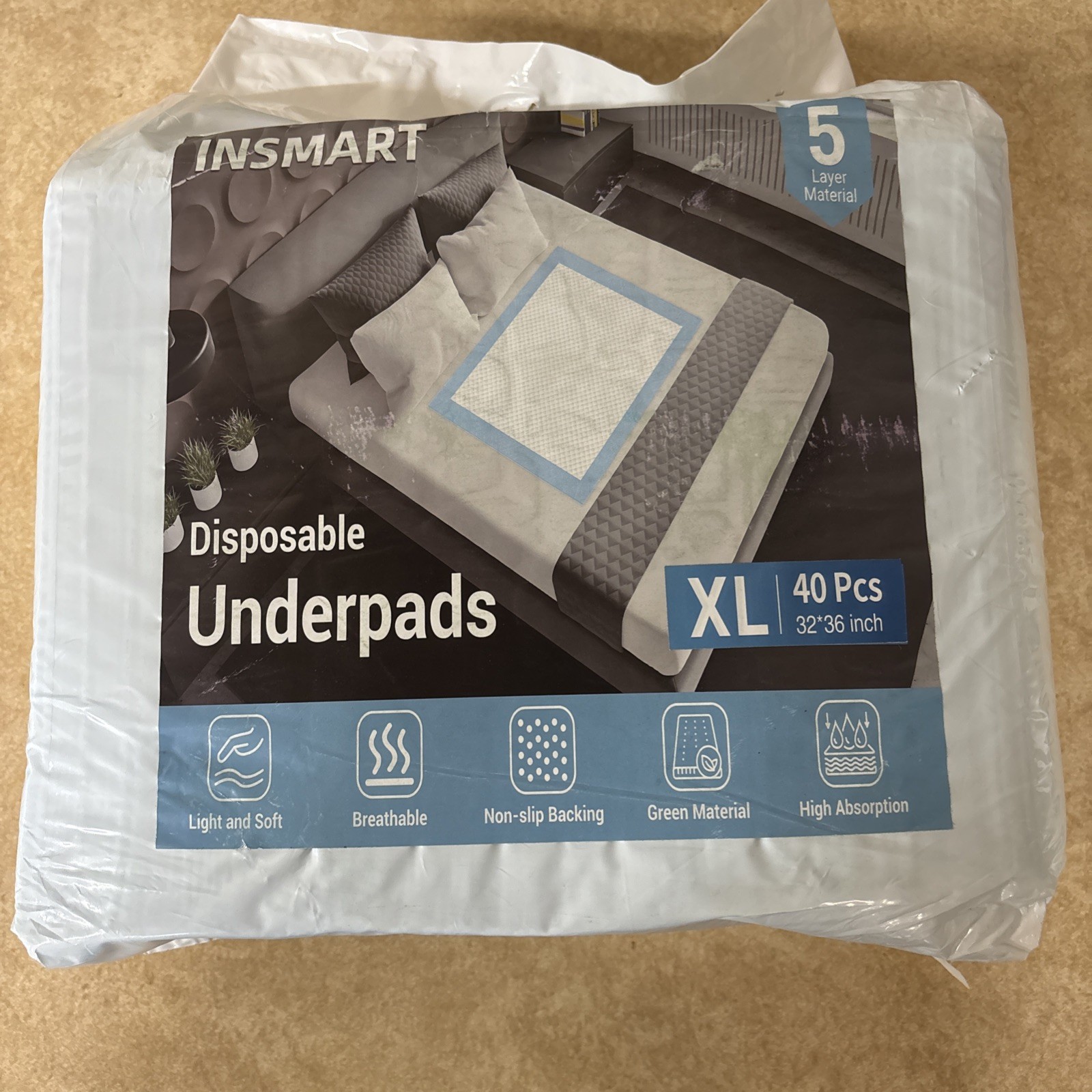 Insmart Disposable Underpads XL 32″ x 36″, 40 Count High Absorption Non-Slip