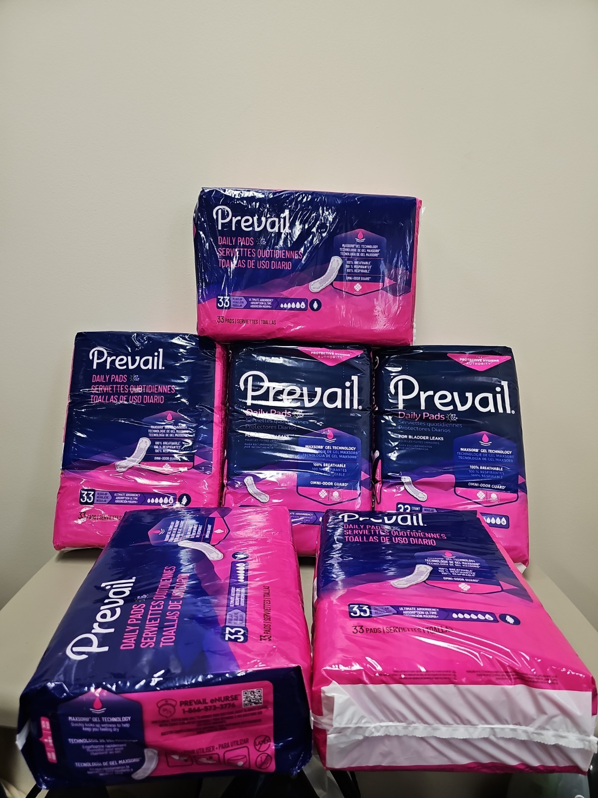 LOT OF 6 PACKAGES 33-COUNT PREVAIL REGULAR DAILY PADS 198 TOTAL