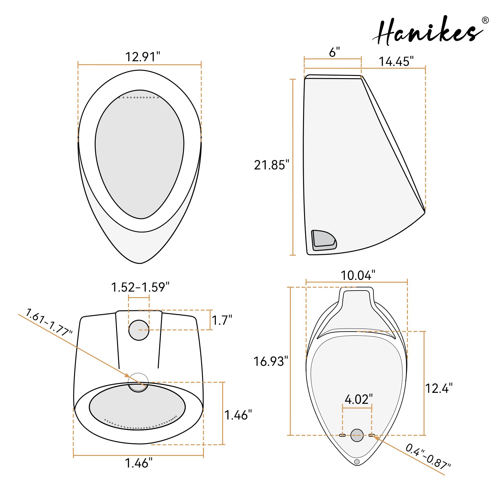 Hanikes UR-480 Round 0.125 GPF High-Efficiency Urinal with Top Spud in White
