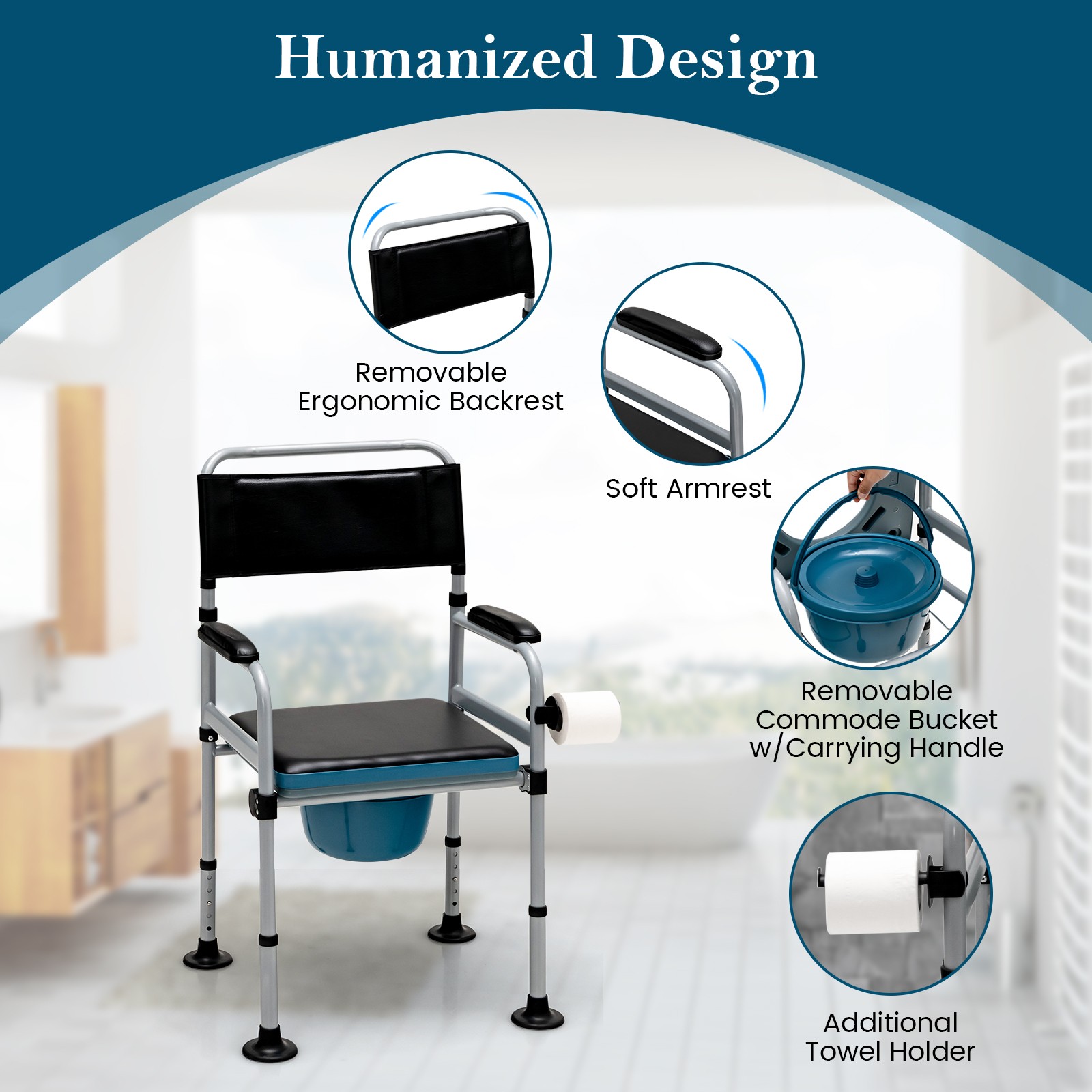 4-in-1 Bedside Commode Folding Toilet Chair Shower Chair Mobile Toilet Chair