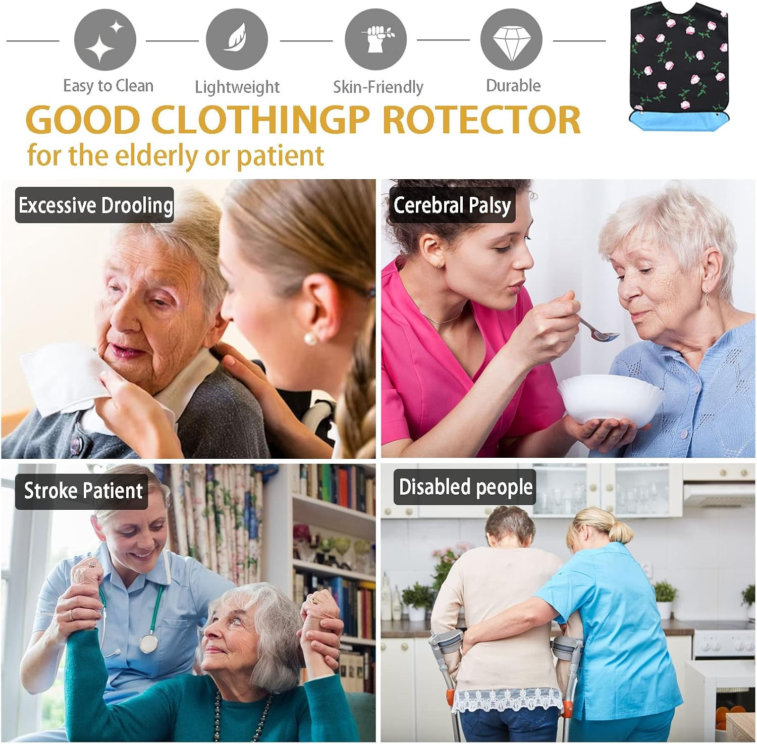Waterproof Washable Adult Bibs for Elderly Women, Reusable Large Adult Bibs for