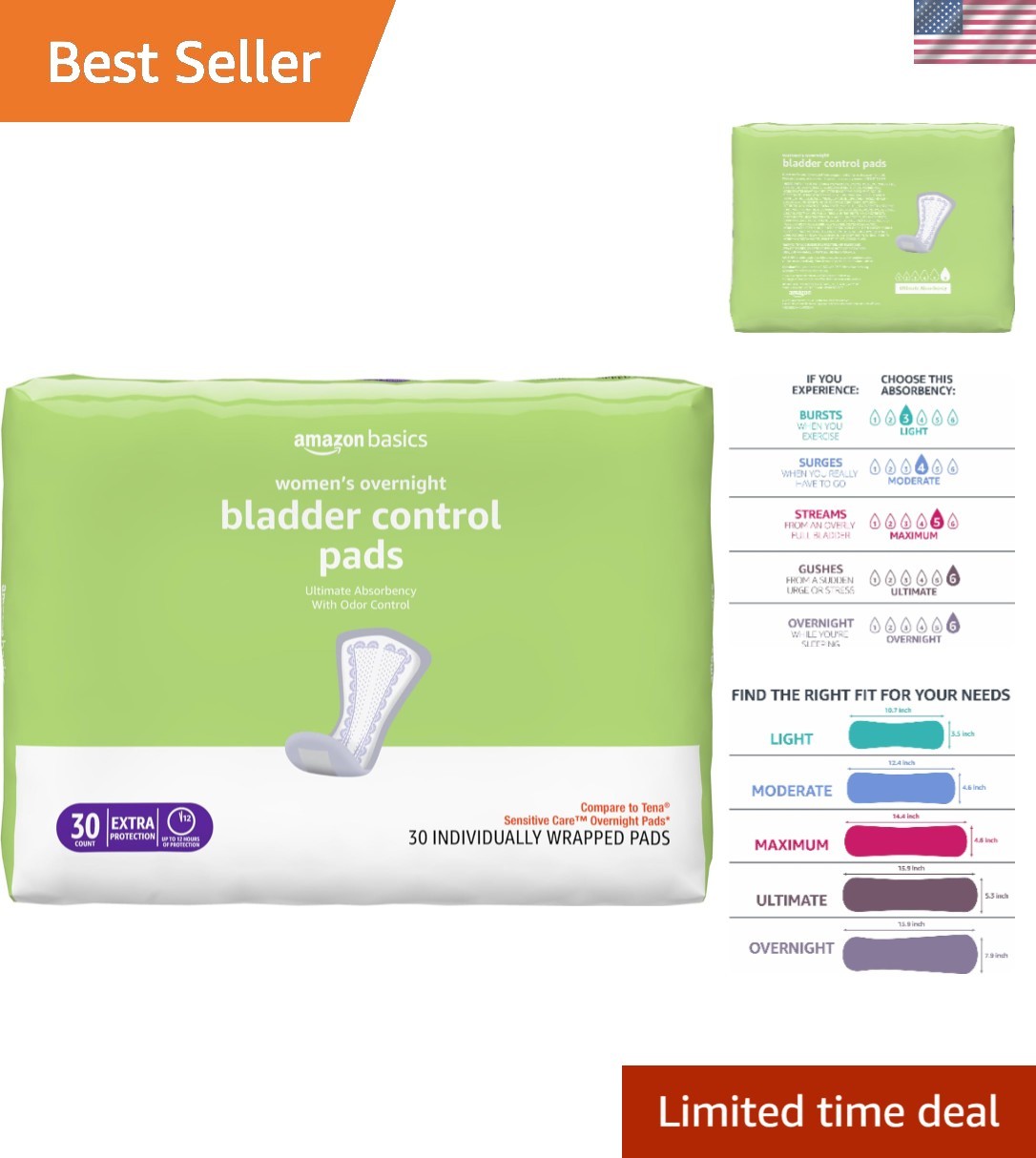 Unscented Incontinence Pads for Women – Heavy Absorbency, 30 Count, Latex Free