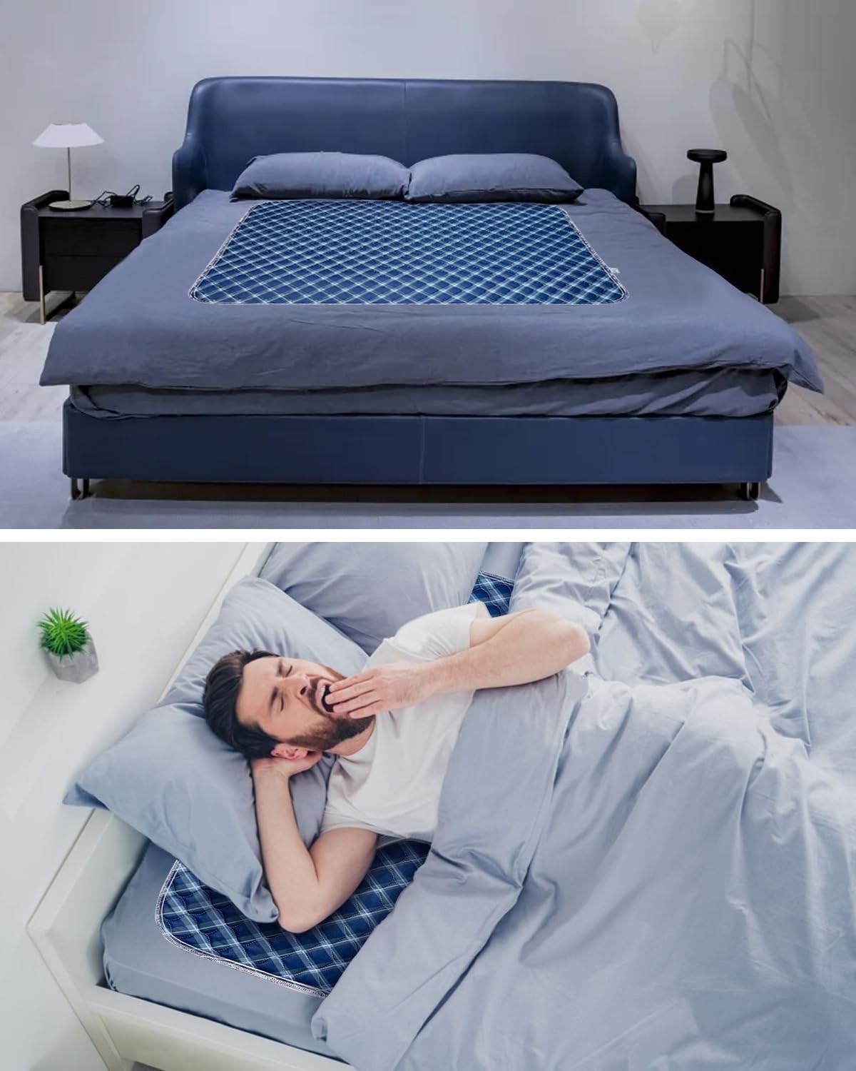 2 PCS Washable NonSlip Bed Pads 34×36 Inch Navy Blue Grid Incontinence