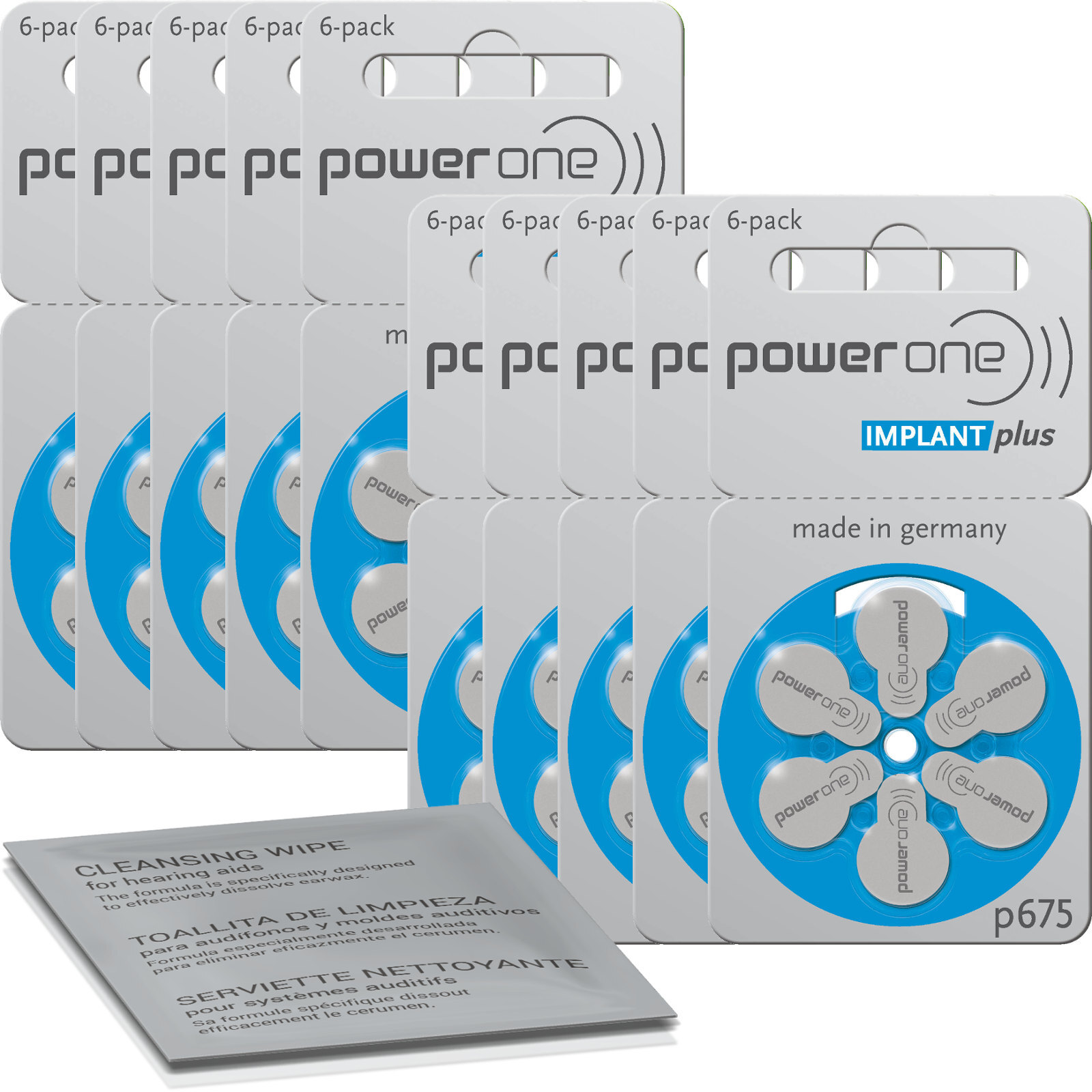 60 x powerone implant hearing aid batteries p675 blue (10 x 6 sheets) +Cleani…