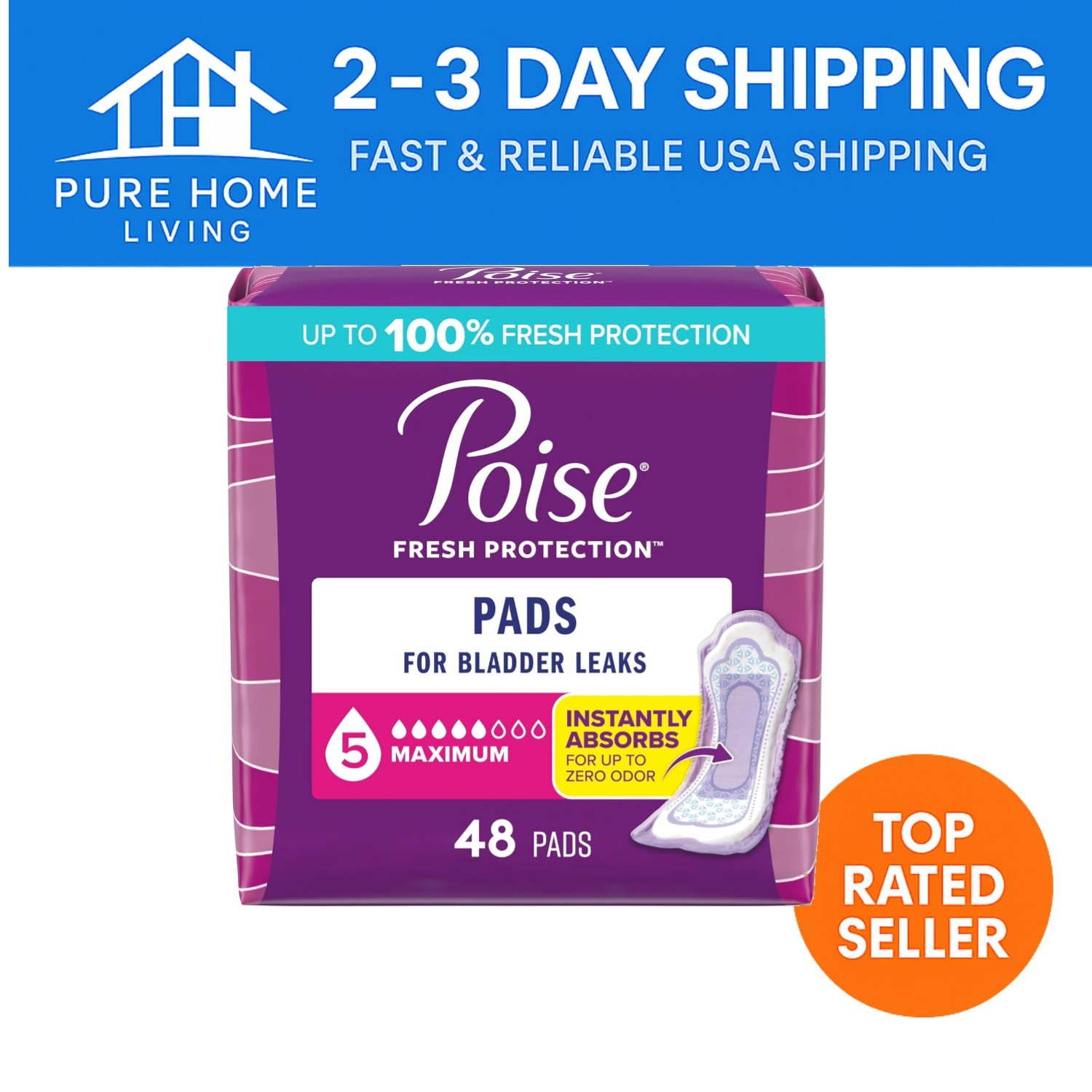 5 Drop Maximum Absorbency Incontinence Pads – 48 Count for Women’s Protection