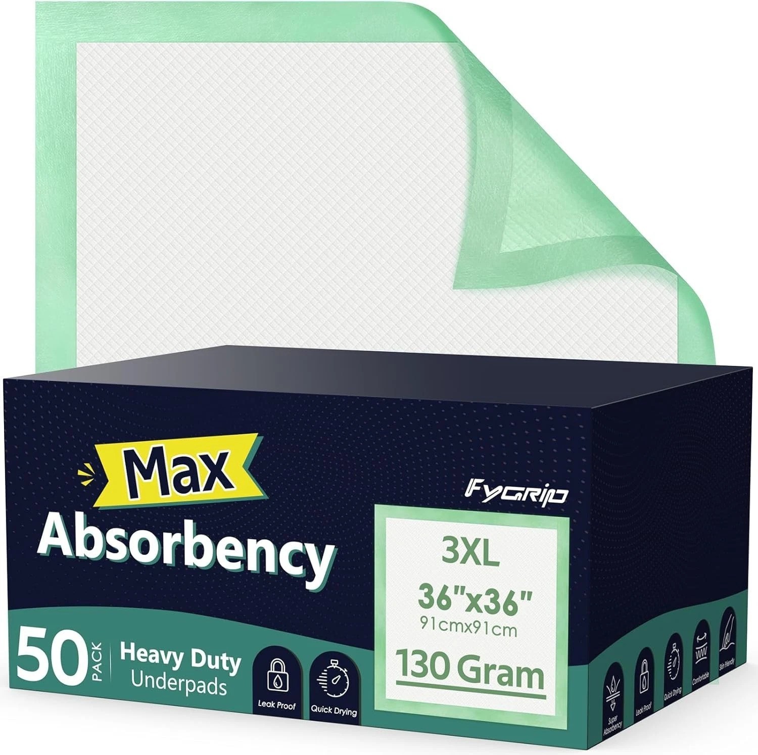 50 Count Hospital Grade 130 Gram 36” x 36” Max Absorbency Disposable Underpad…