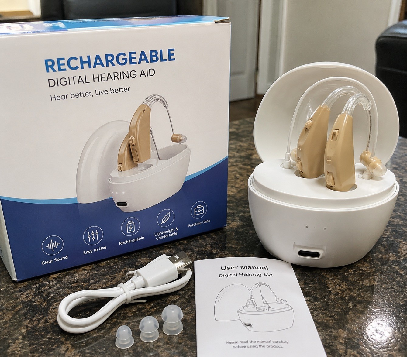 Rechargeable Digital Hearing Aids for Seniors Noise Reduction Charging Case