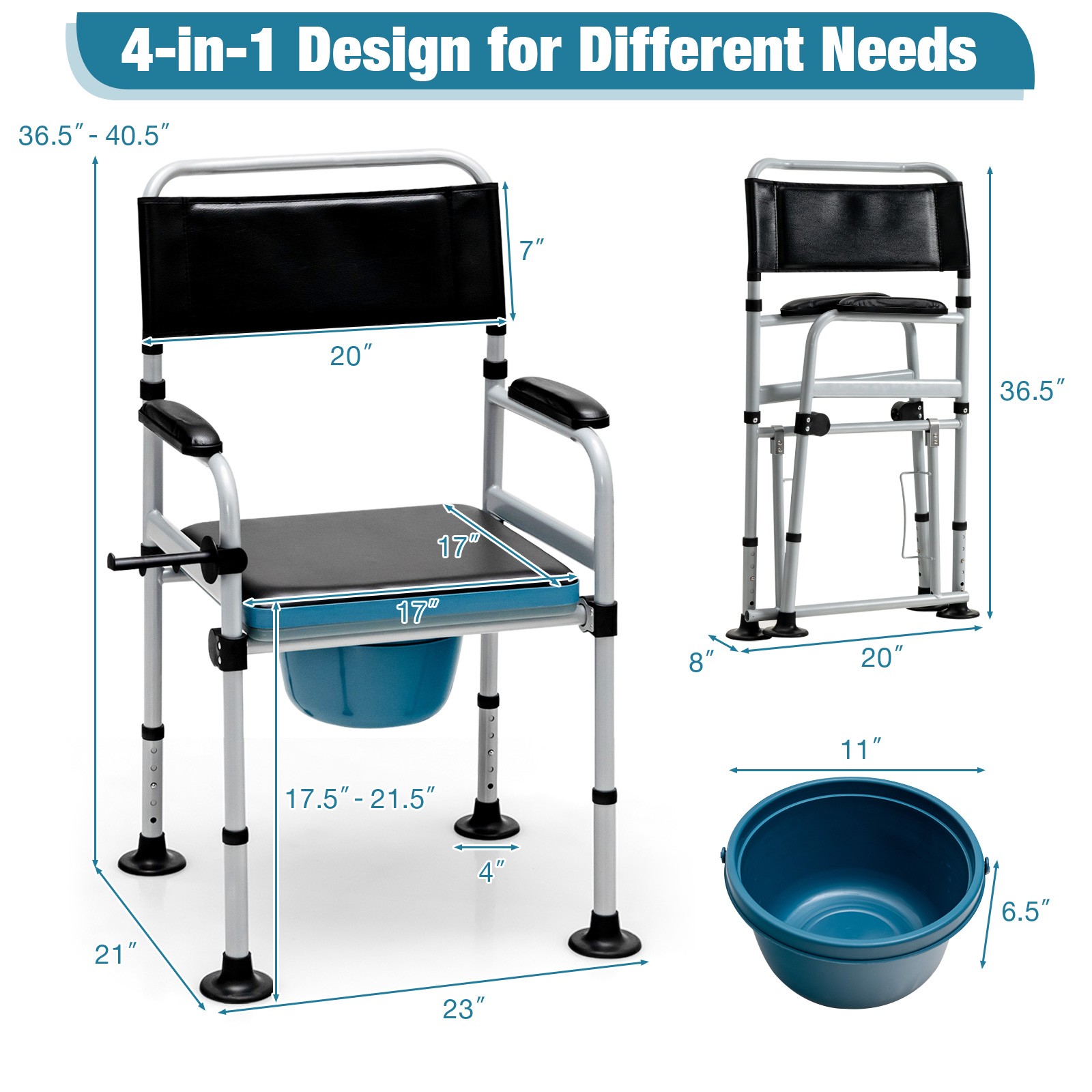 4-in-1 Bedside Commode Folding Toilet Chair Shower Chair Mobile Toilet Chair