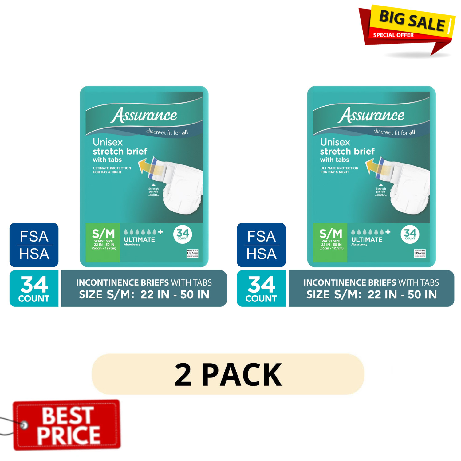 2 Pack Assurance Unisex Stretch Briefs Tabs S M 34 Count Incontinence