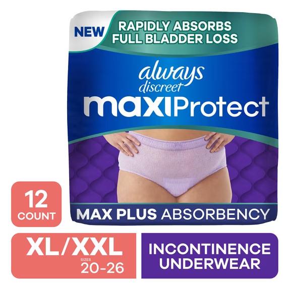 Always Discreet MaxiProtect Women’s Underwear, XL/XXL, 12 Count, Diapers