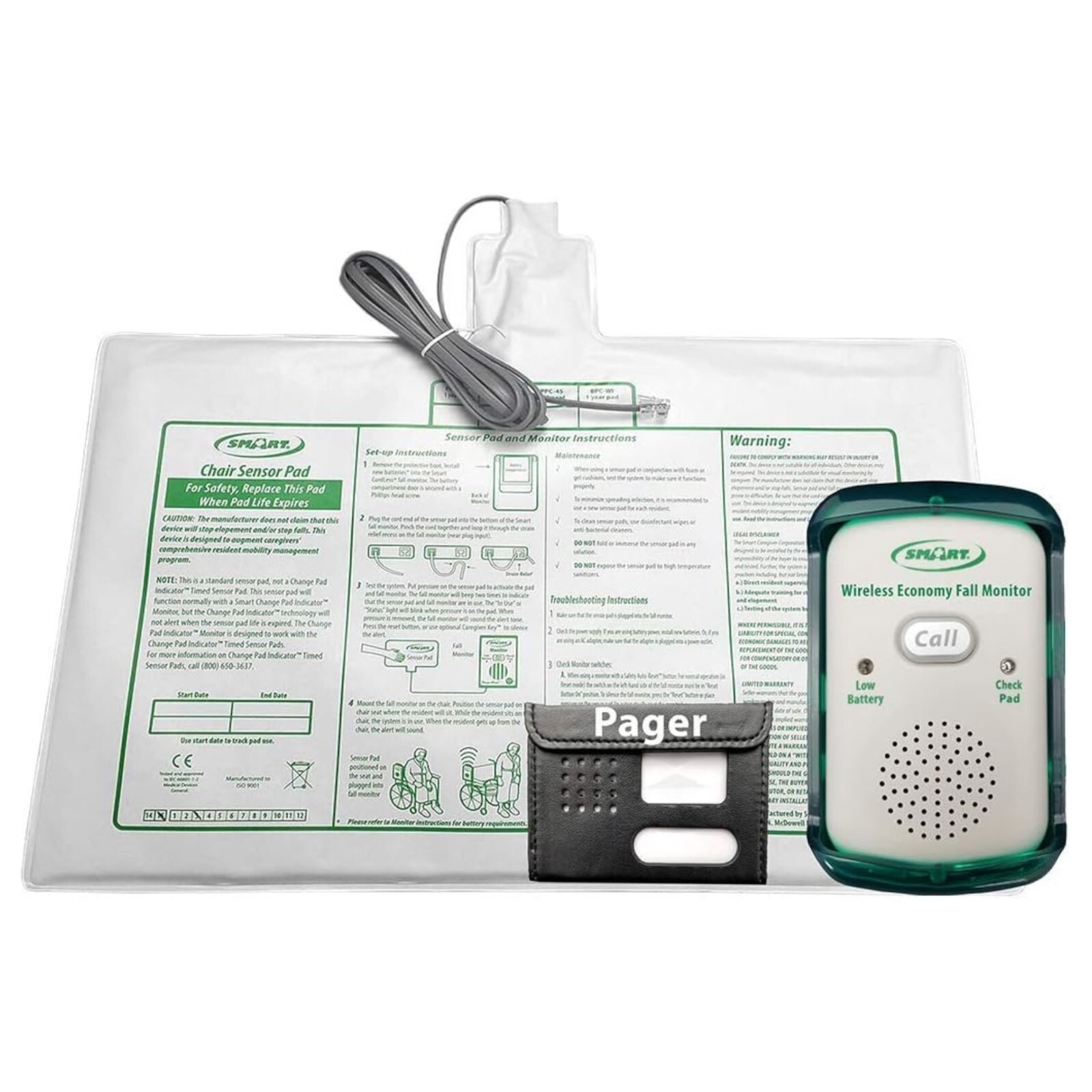 Smart Caregiver Wireless Quiet Fall Alert with 10in x 15in Chair Pad and Pager