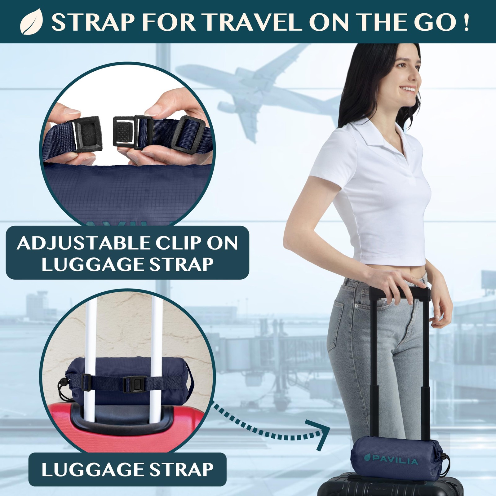 PAVILIA Travel Blanket Airplane Compact with Bag, 65 x 40 inches, Navy Blue
