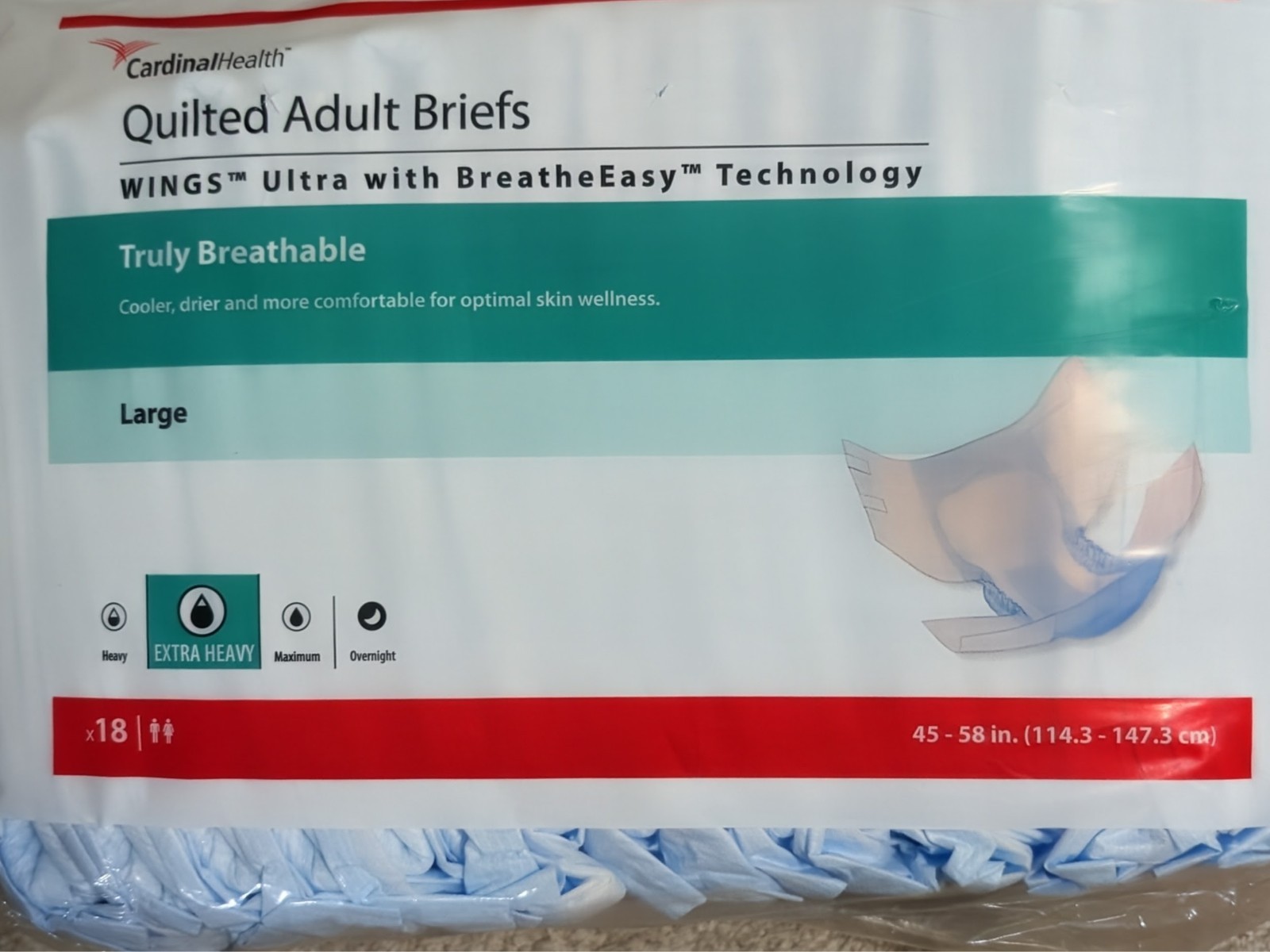 Wings Ultra Incontinence Brief LG Quilted 77074 Extra Heavy 72 Ct (4 Pkgs @ 18)