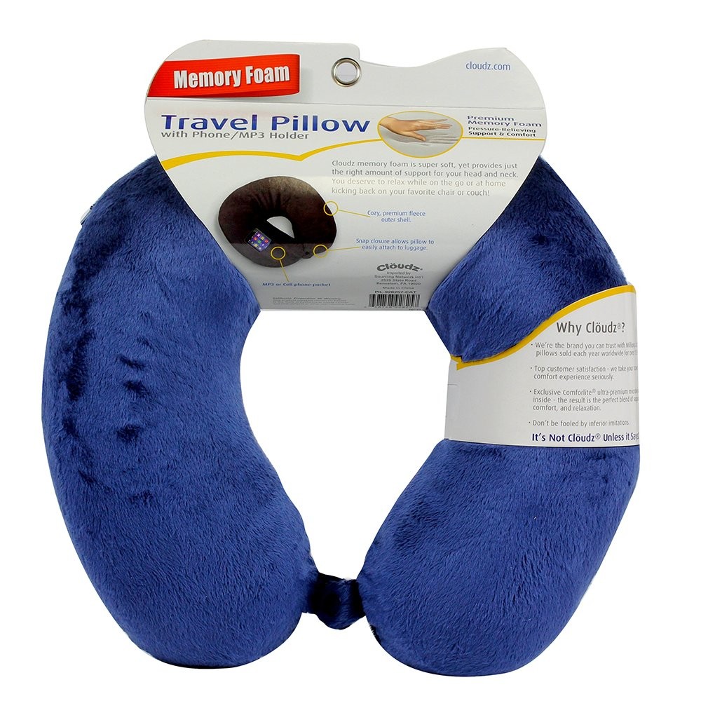 Cloudz Memory Foam Travel Neck Pillow with 12.6″ L x 4.33″ H x 12.25″ W, Blue