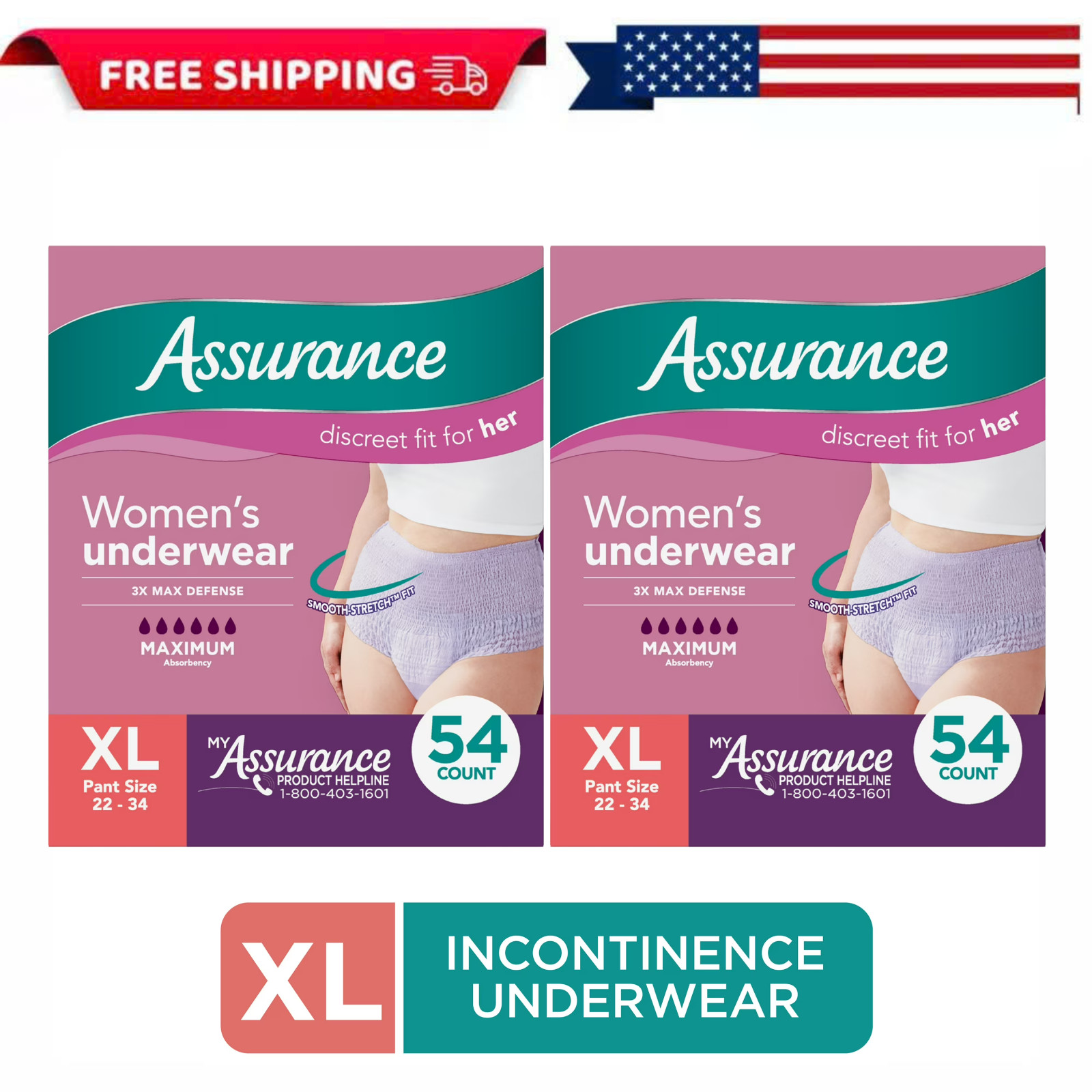 2 Pack Assurance Womens Postpartum Incontinence Underwear Extra Large 108 Count