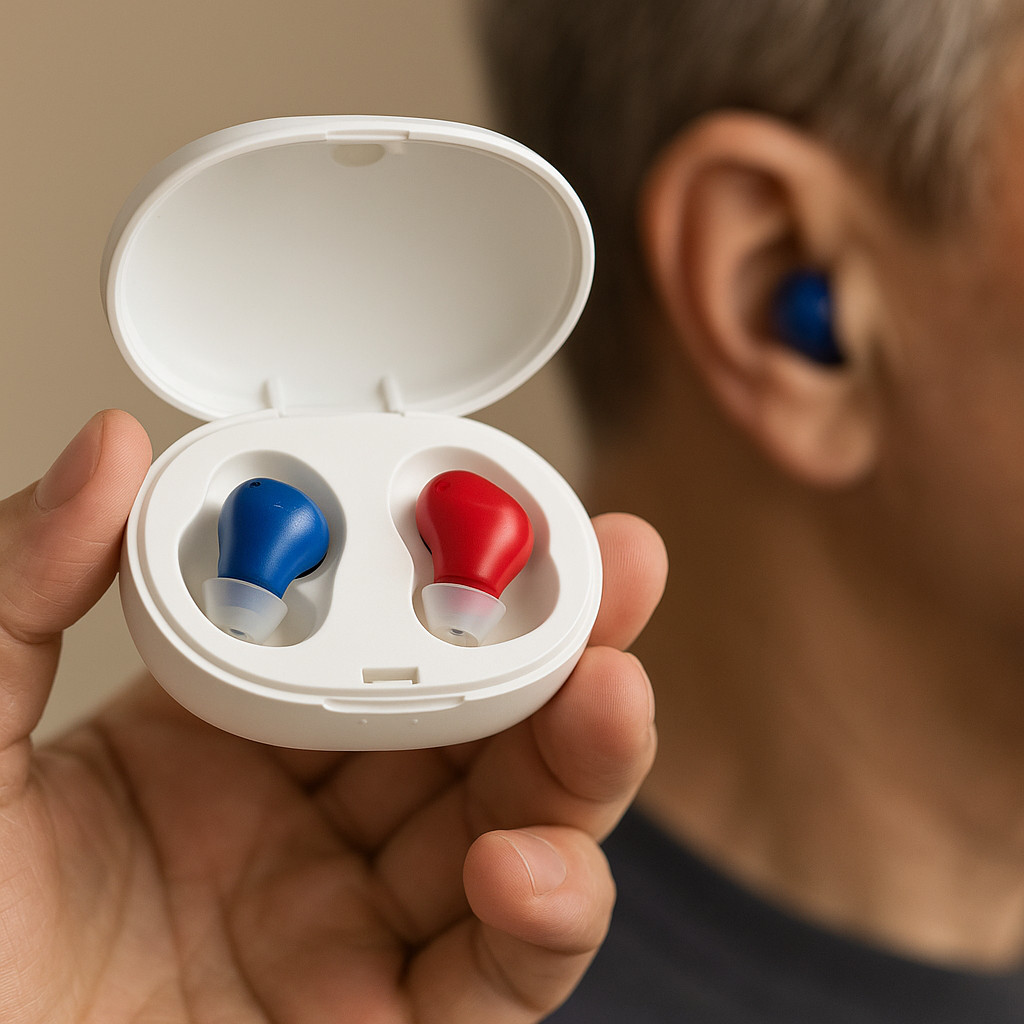 Hearing Amplifier Blue + Red ITE OTC Mini Pair Noise Reduction Charging Case