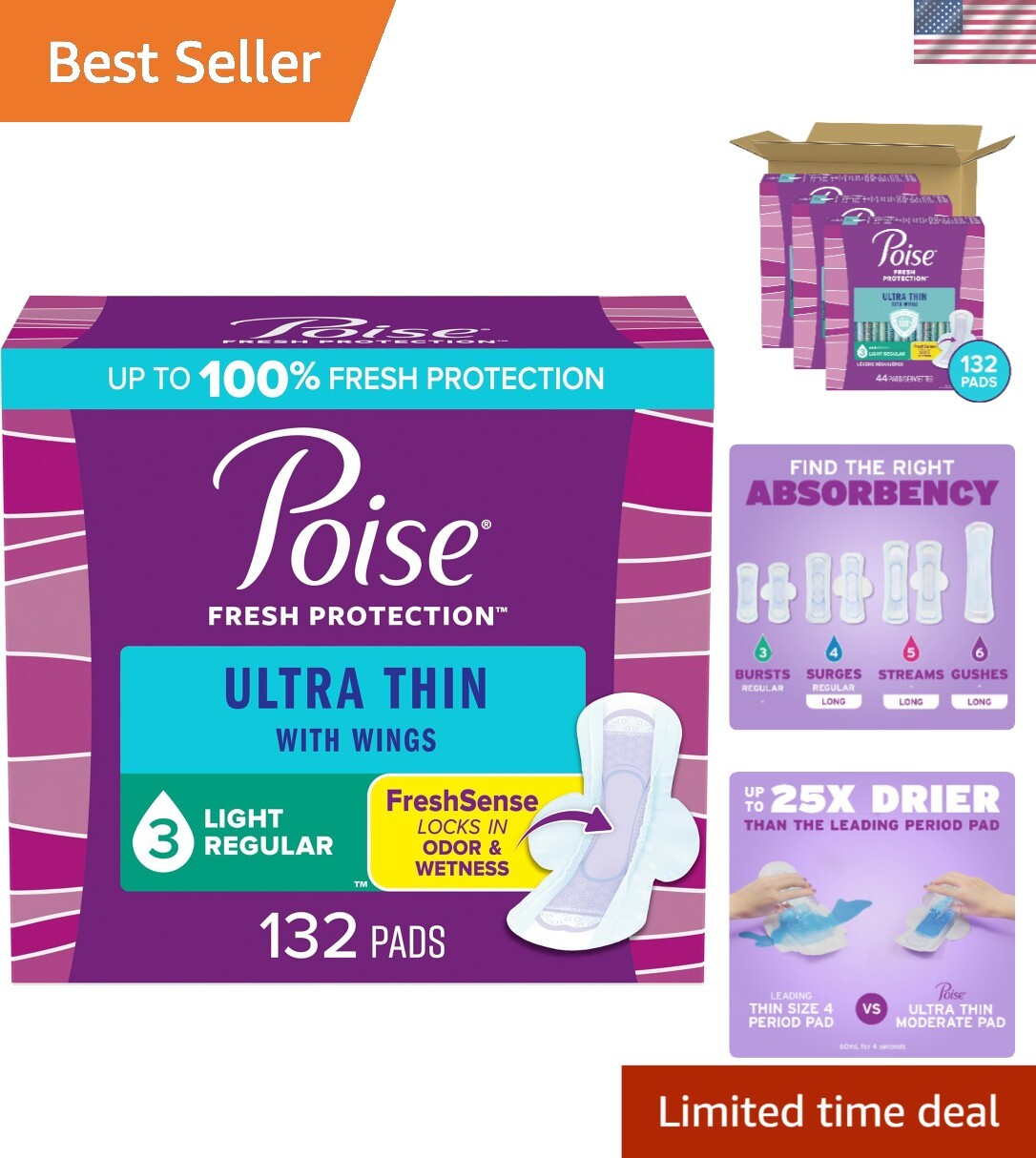 Light Absorbency Ultra Thin Incontinence Pads with Stay-In-Place Wings, 132 Pack