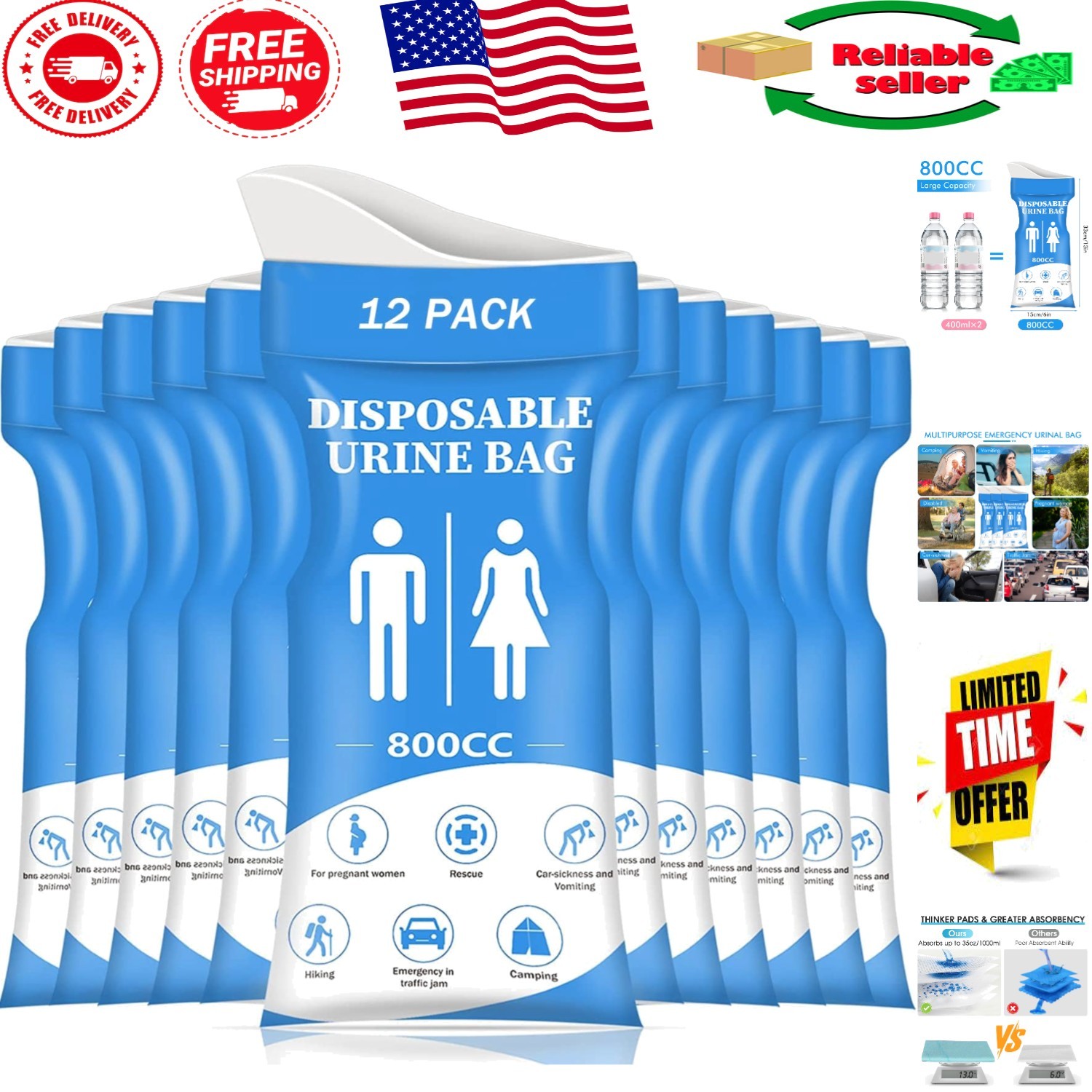 Leak-Proof Disposable Urinal Bags – 12/24 Pack for Travel, Camping, and Biking